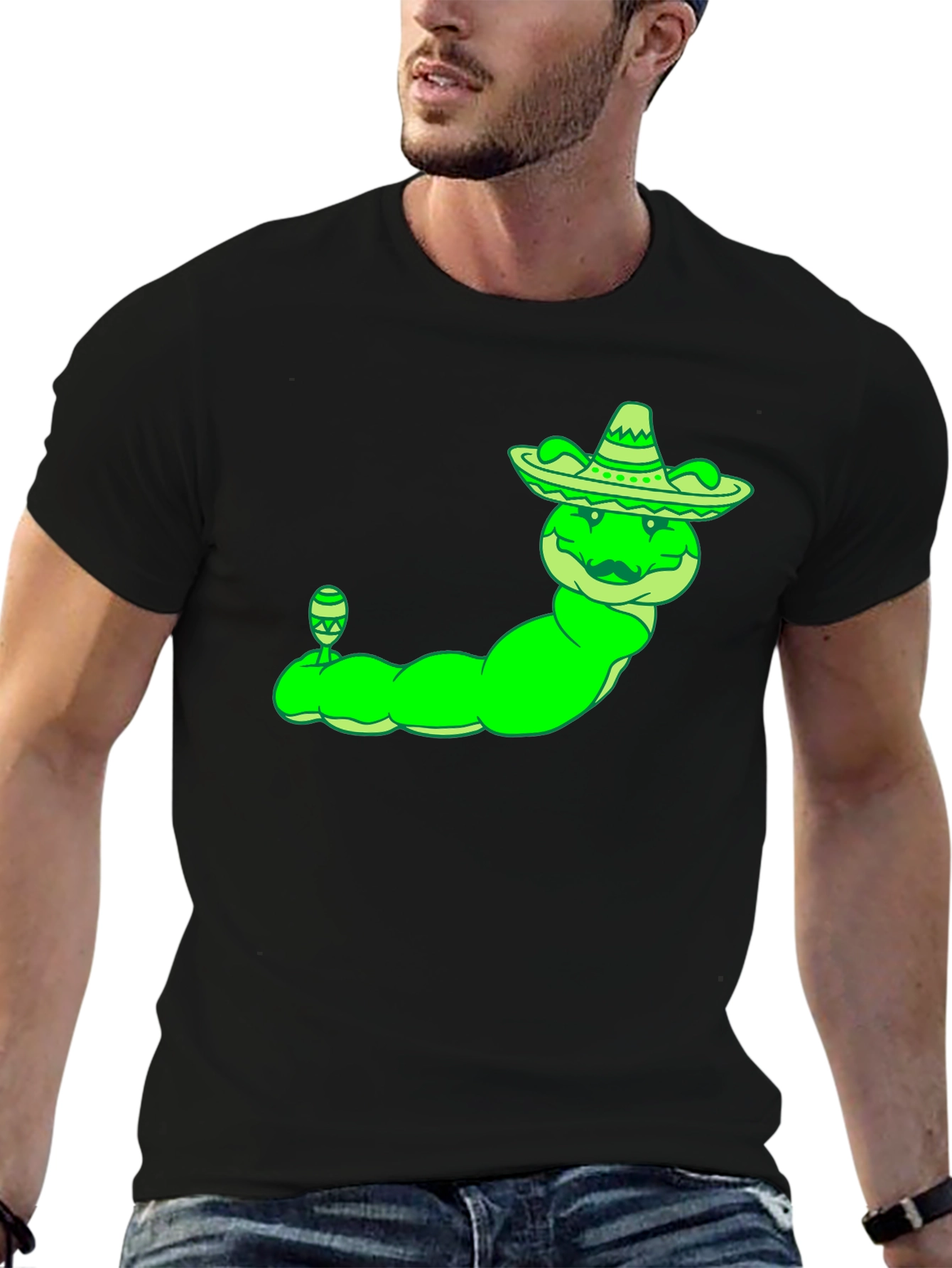 Caterpillar with Sombrero Mens Black T-Shirt