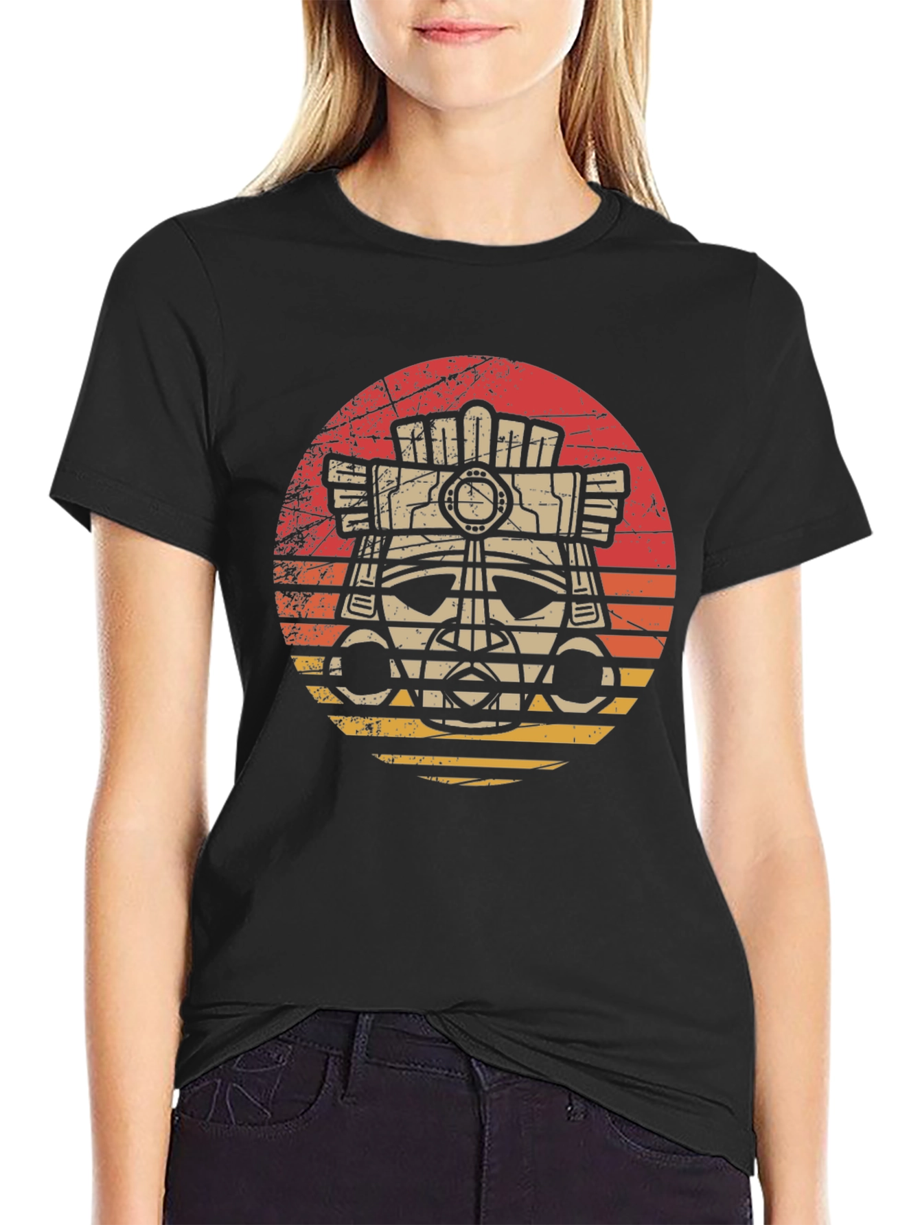 Aztec Mask Graphic Tee - Retro Sunset Style