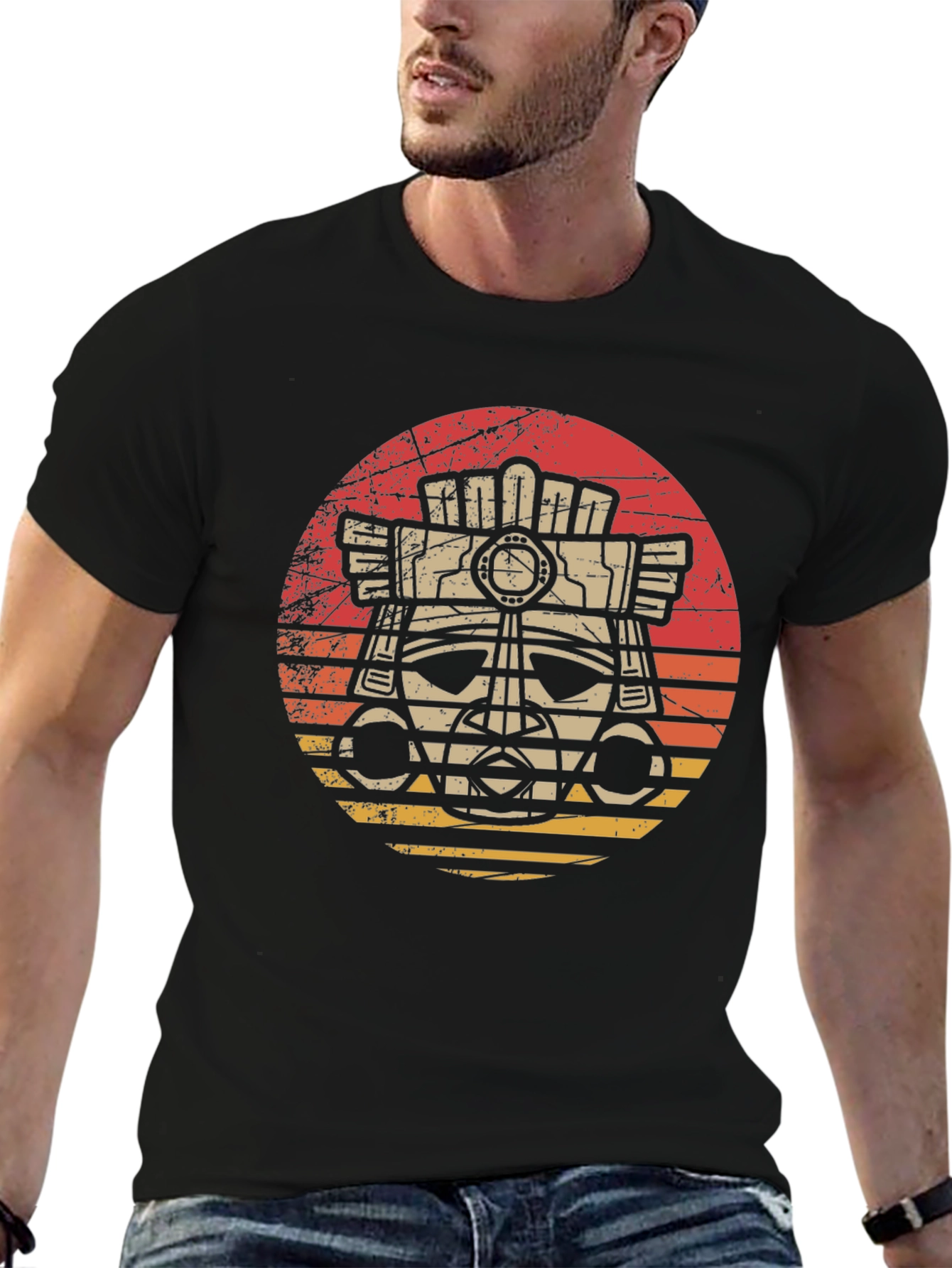 Aztec Mask Graphic Tee - Retro Sunset Style