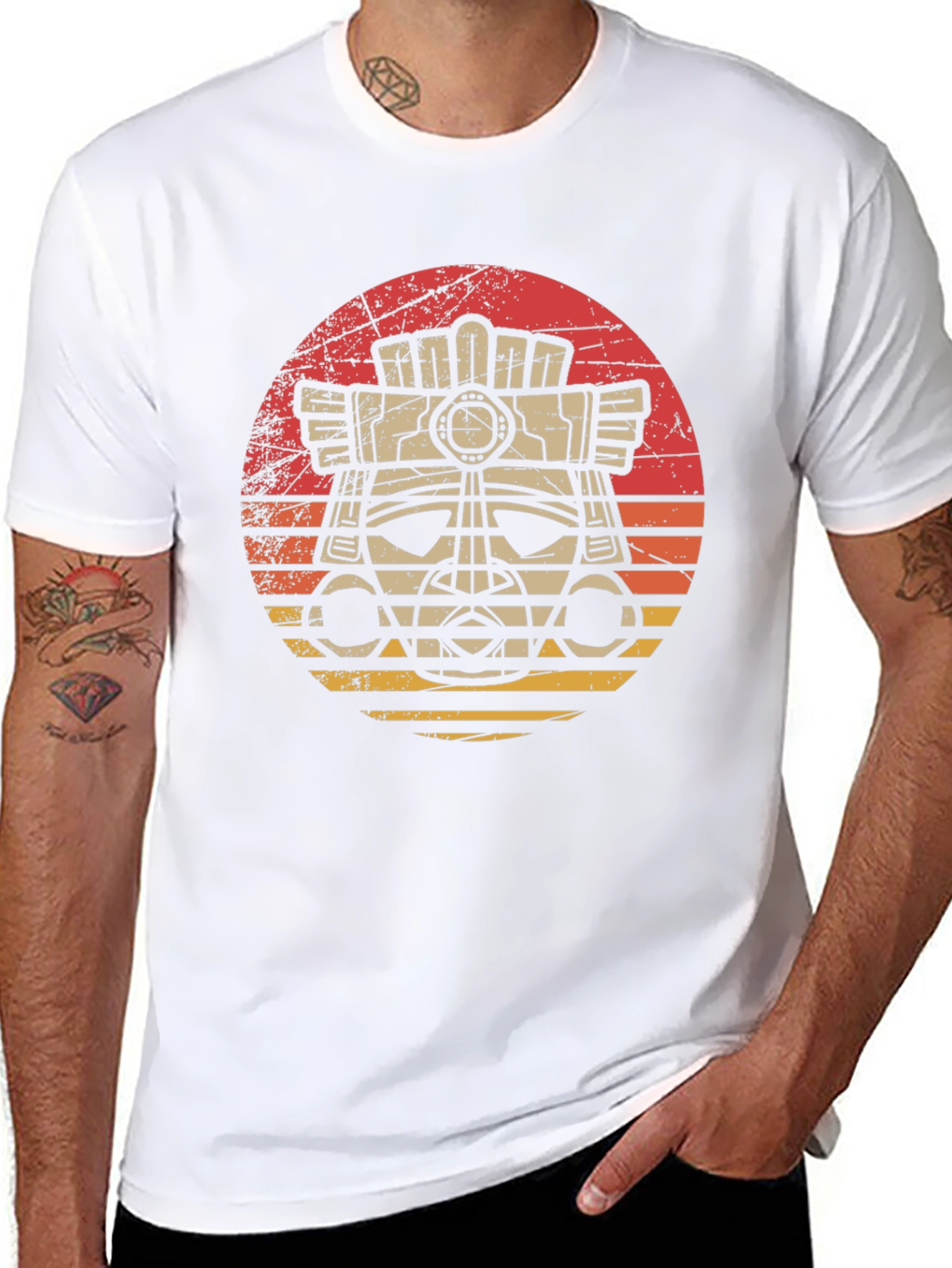 Aztec Mask Graphic Tee - Retro Sunset Style
