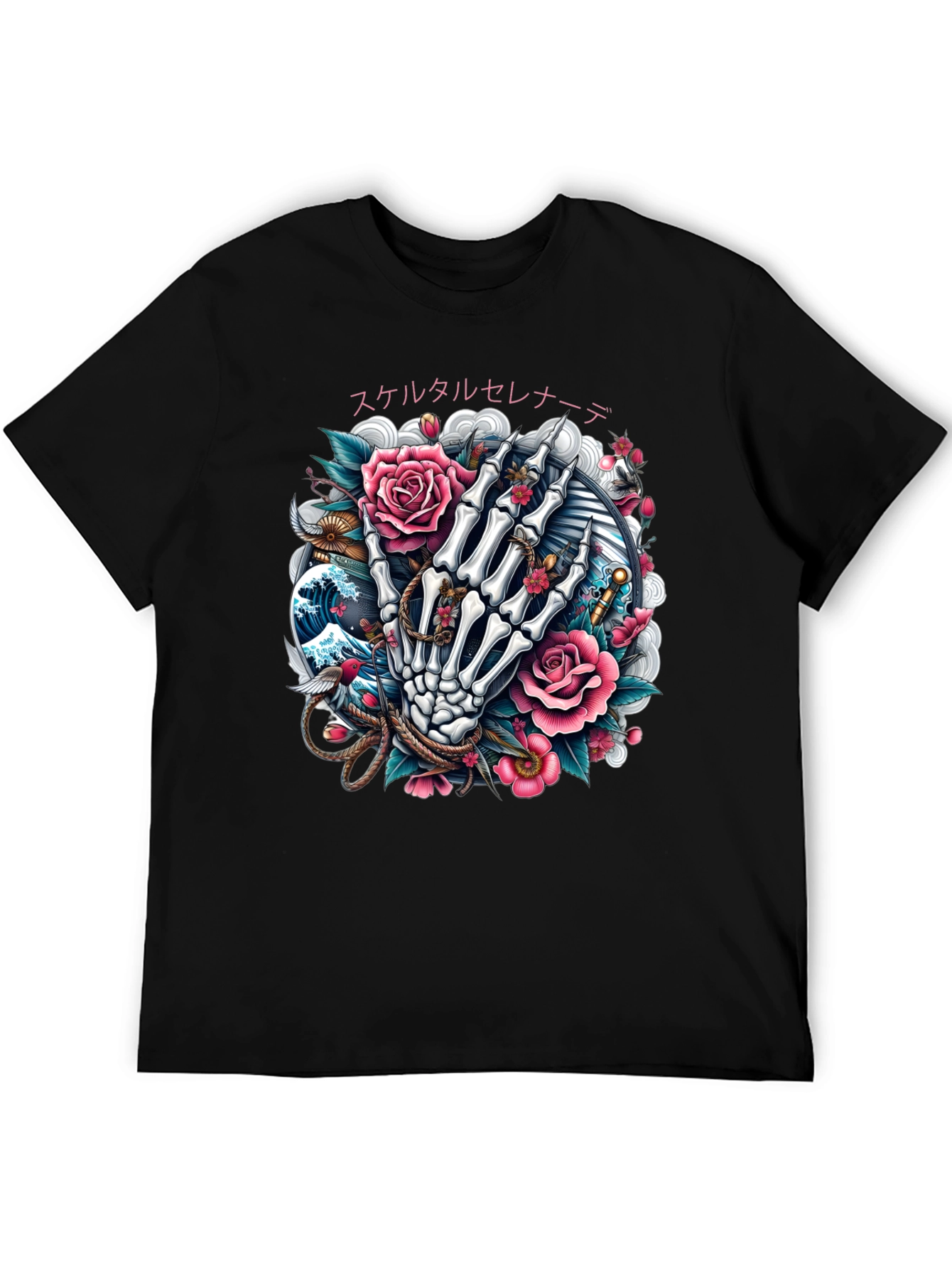 Floral Skeleton Hand Graphic Tee - Black