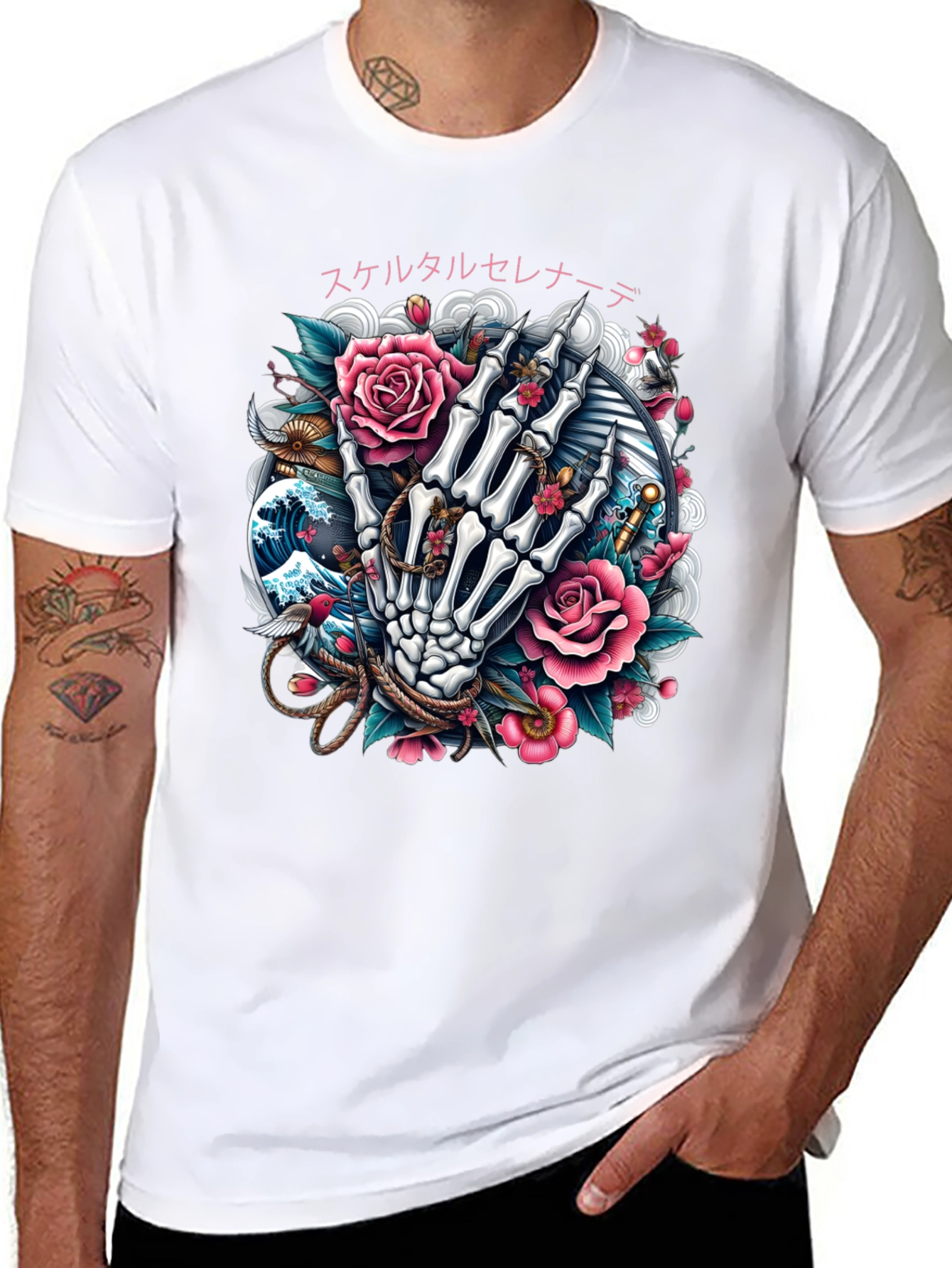 Floral Skeleton Hand Graphic Tee - Black