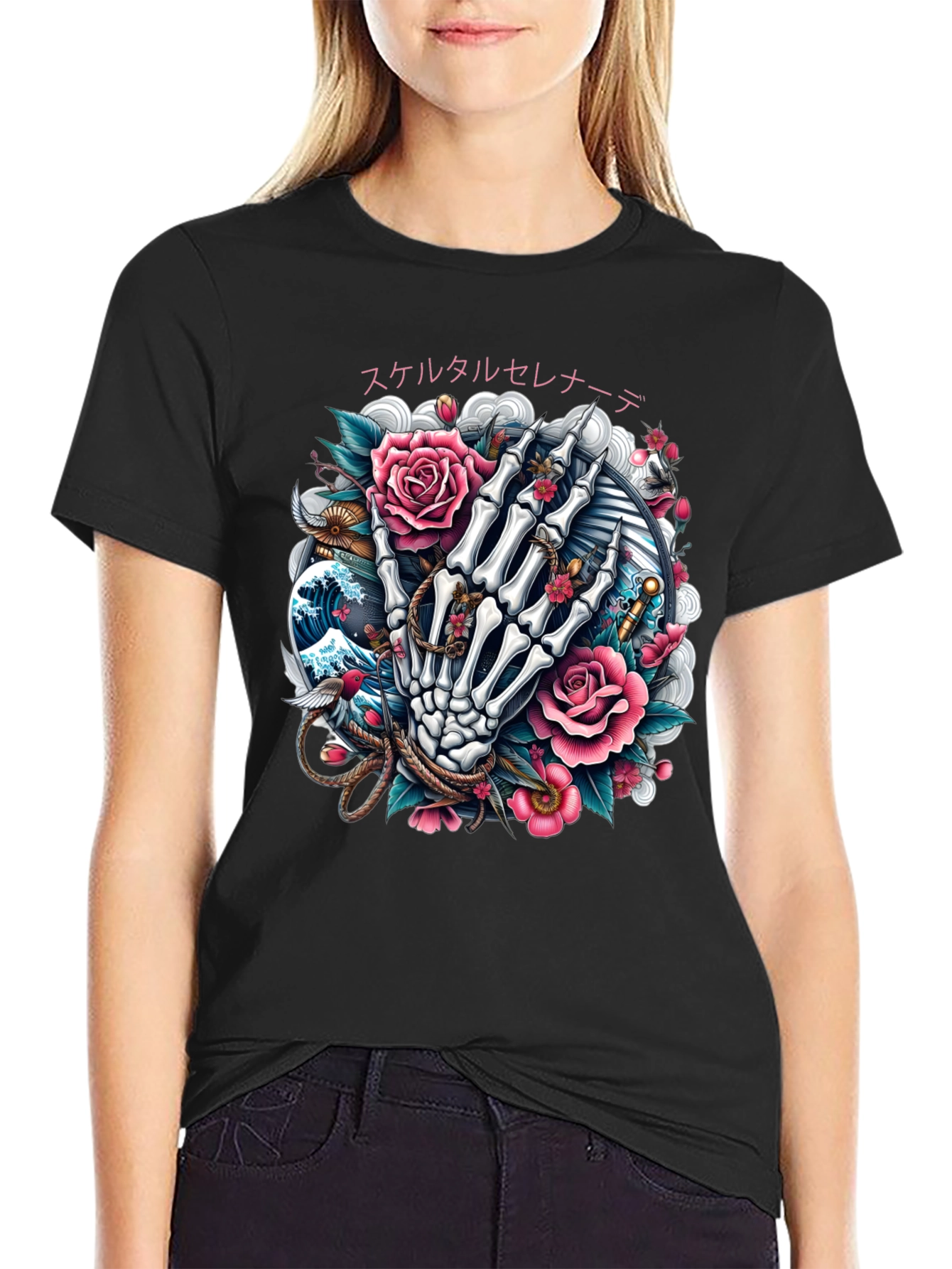 Floral Skeleton Hand Graphic Tee - Black