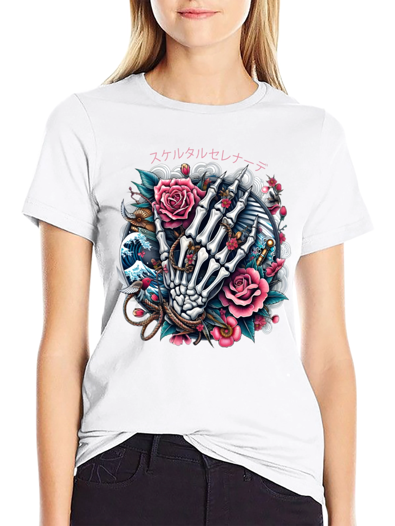 Floral Skeleton Hand Graphic Tee - Black