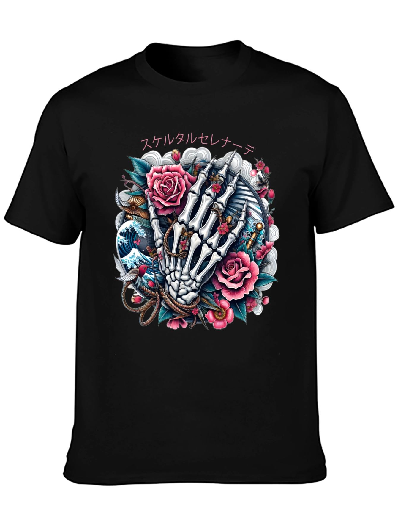 Floral Skeleton Hand Graphic Tee - Black
