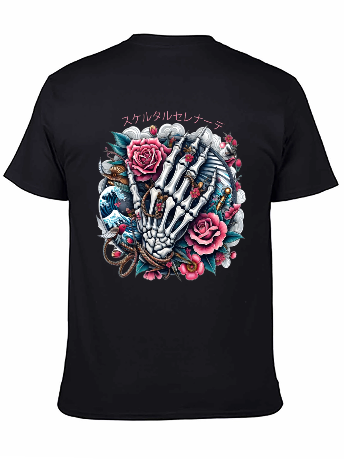 Floral Skeleton Hand Graphic Tee - Black