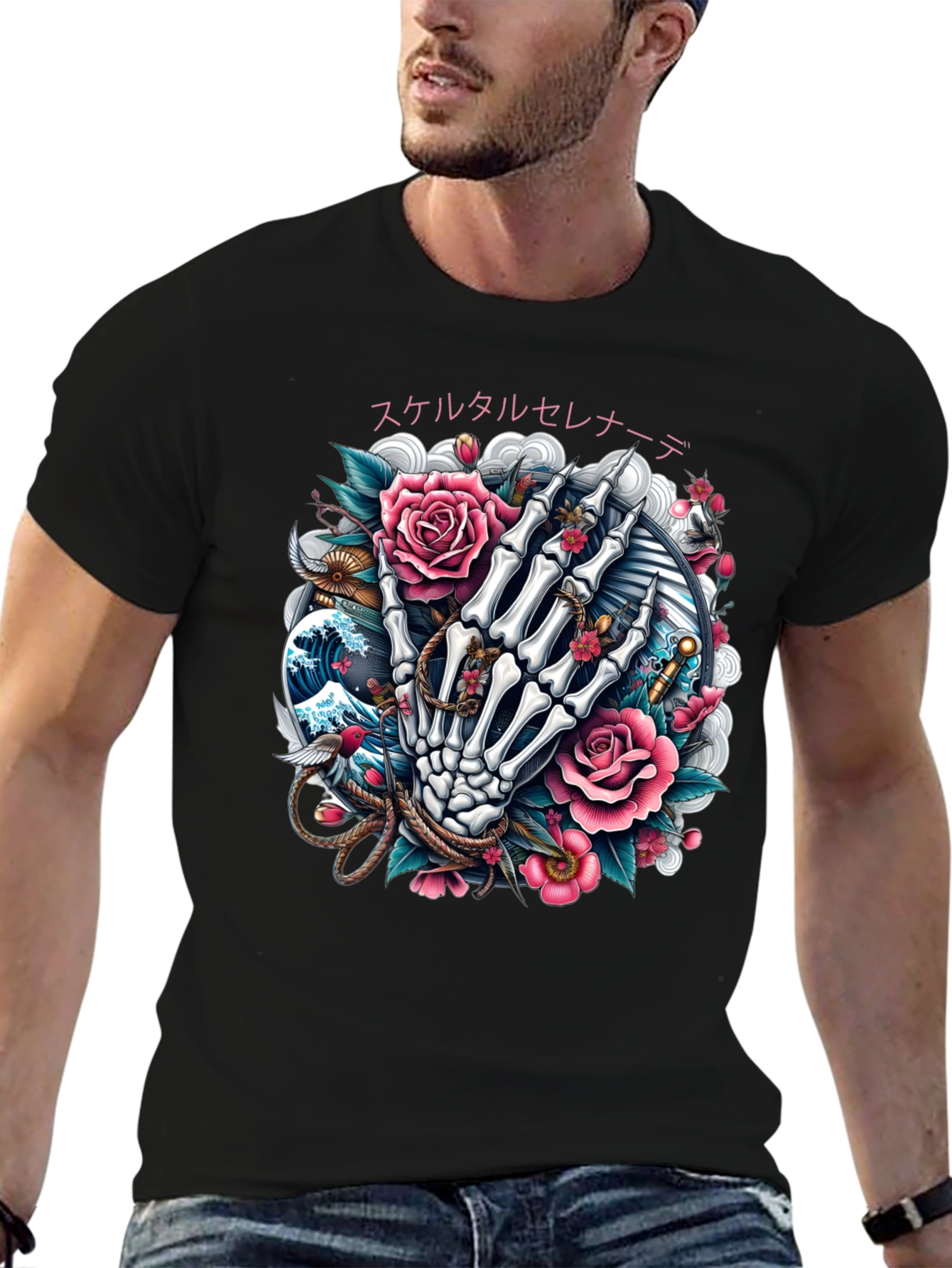 Floral Skeleton Hand Graphic Tee - Black