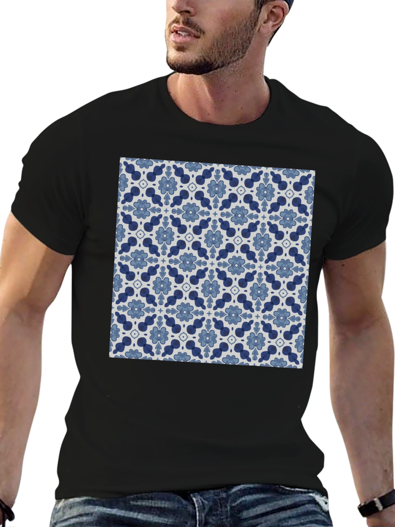 Stylish Floral Pattern Black T-Shirt