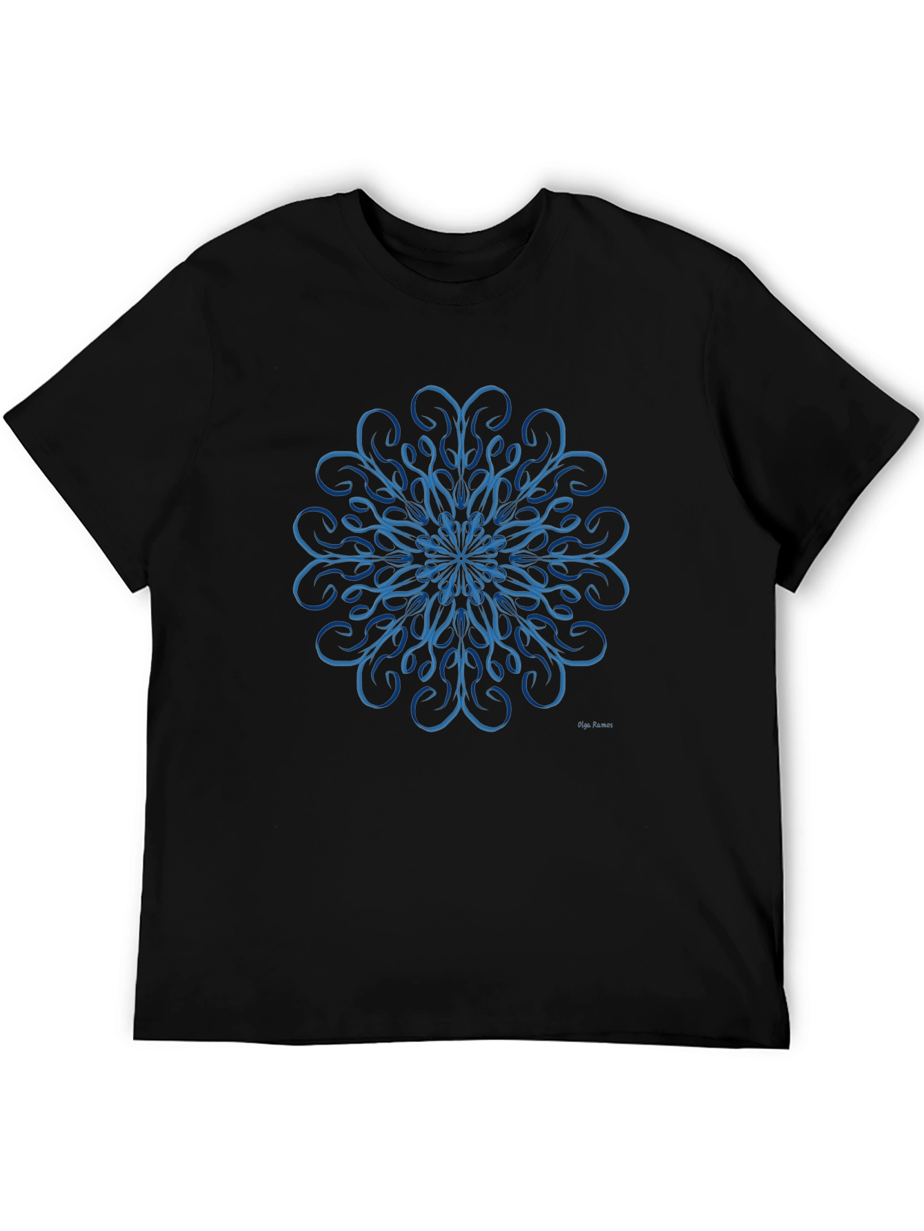 Blue Swirl Mandala Design Black T-Shirt