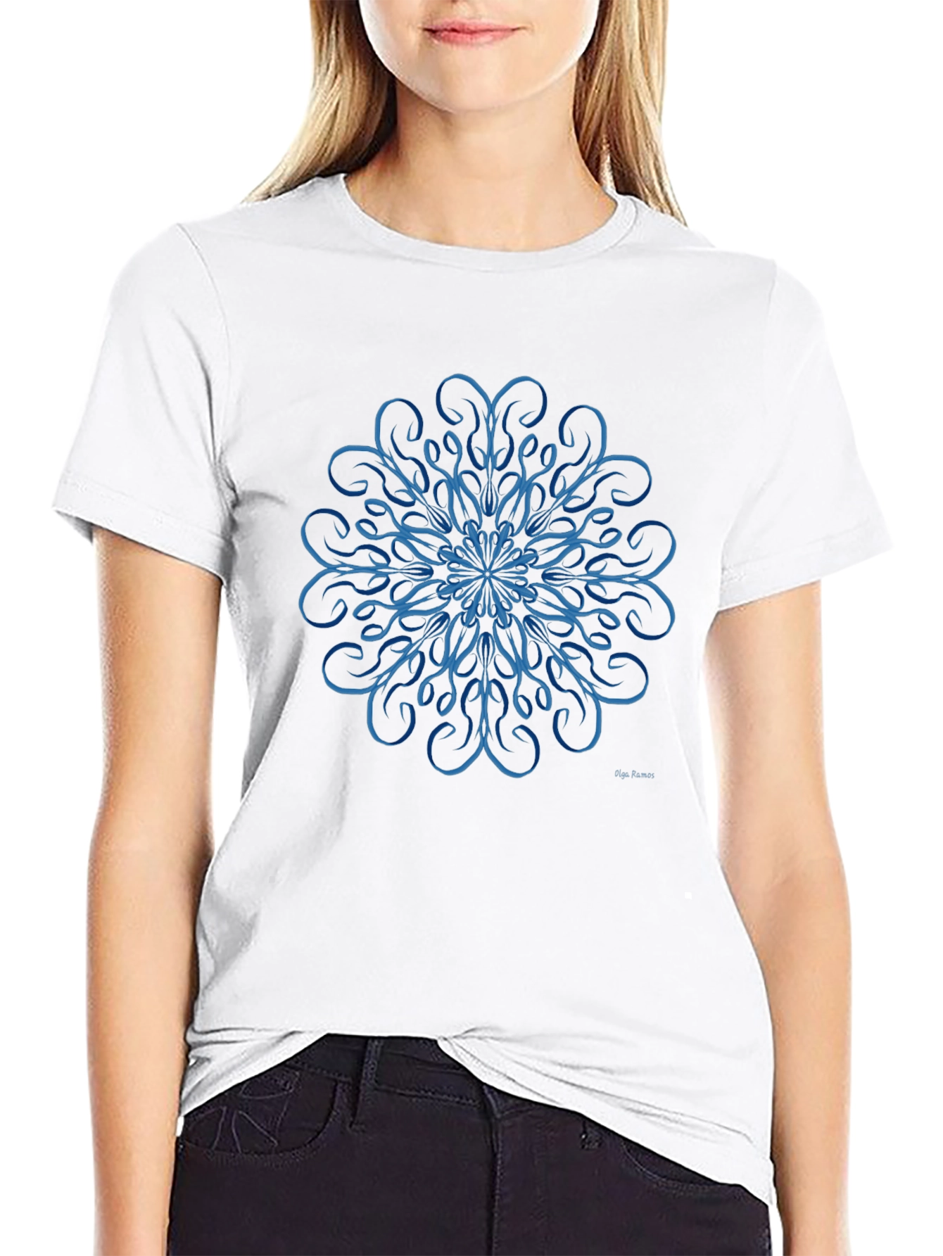 Blue Swirl Mandala Design Black T-Shirt