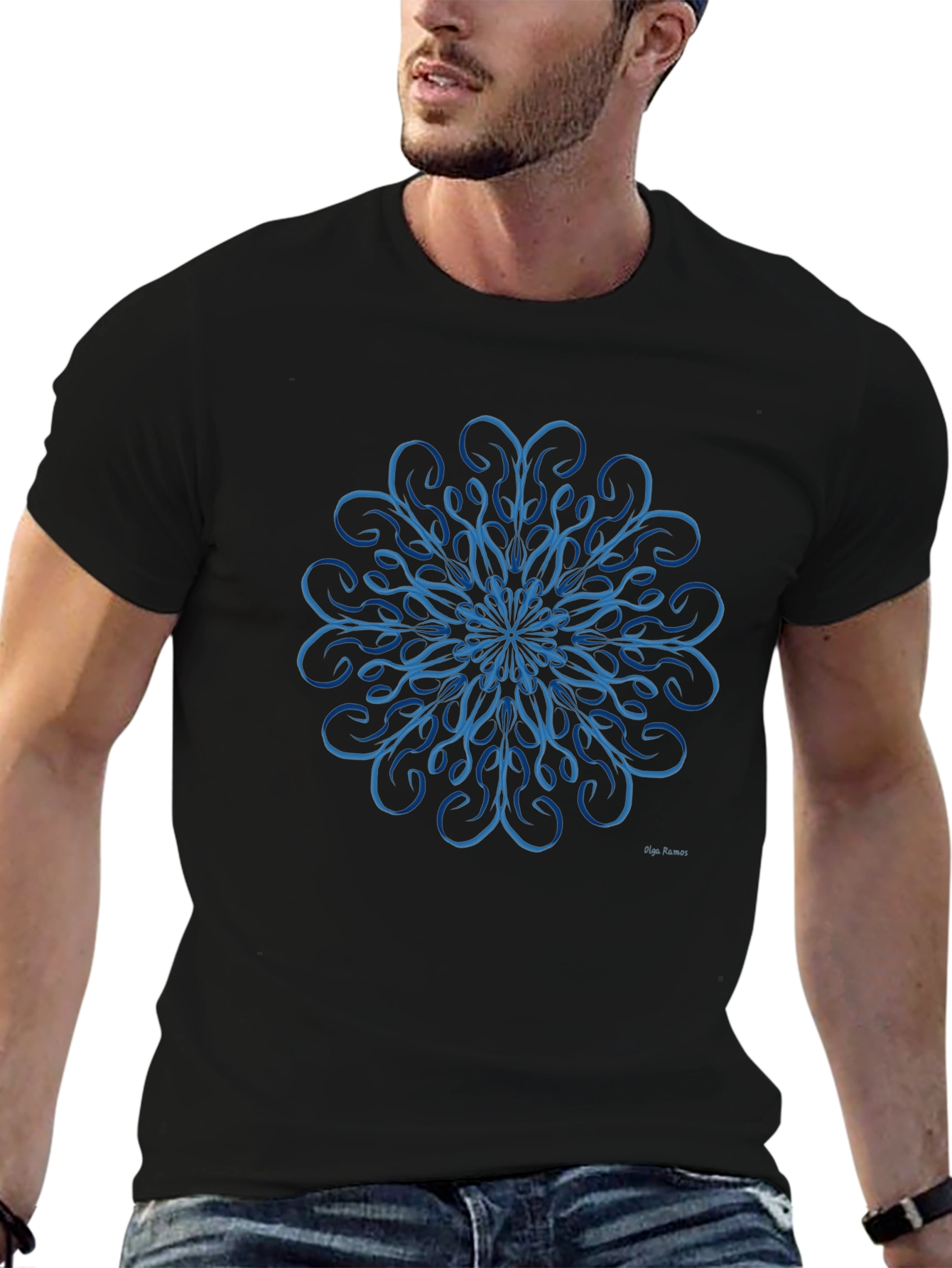 Blue Swirl Mandala Design Black T-Shirt