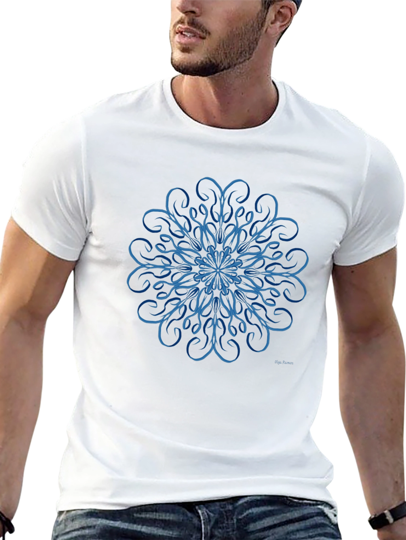 Blue Swirl Mandala Design Black T-Shirt