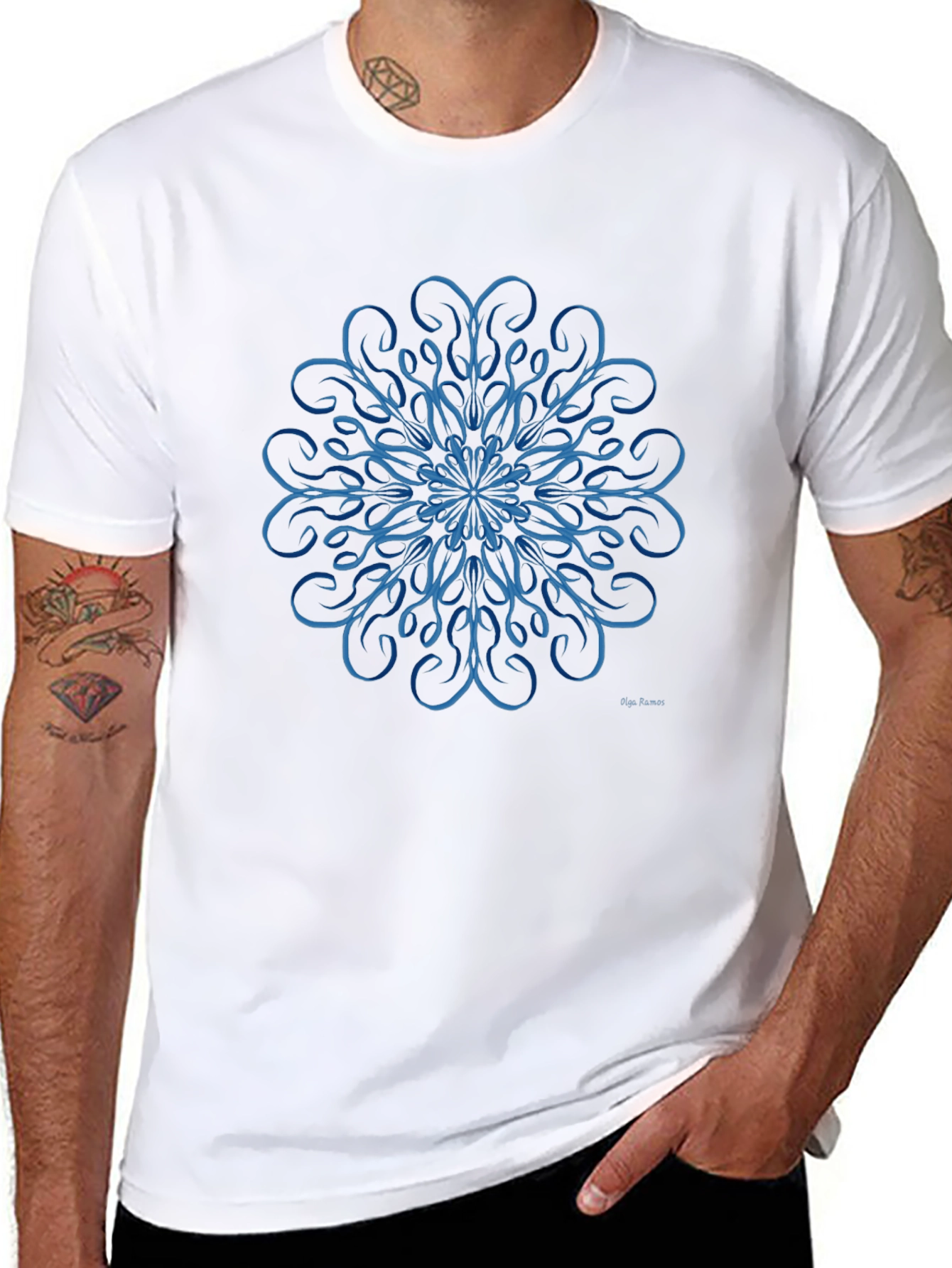 Blue Swirl Mandala Design Black T-Shirt