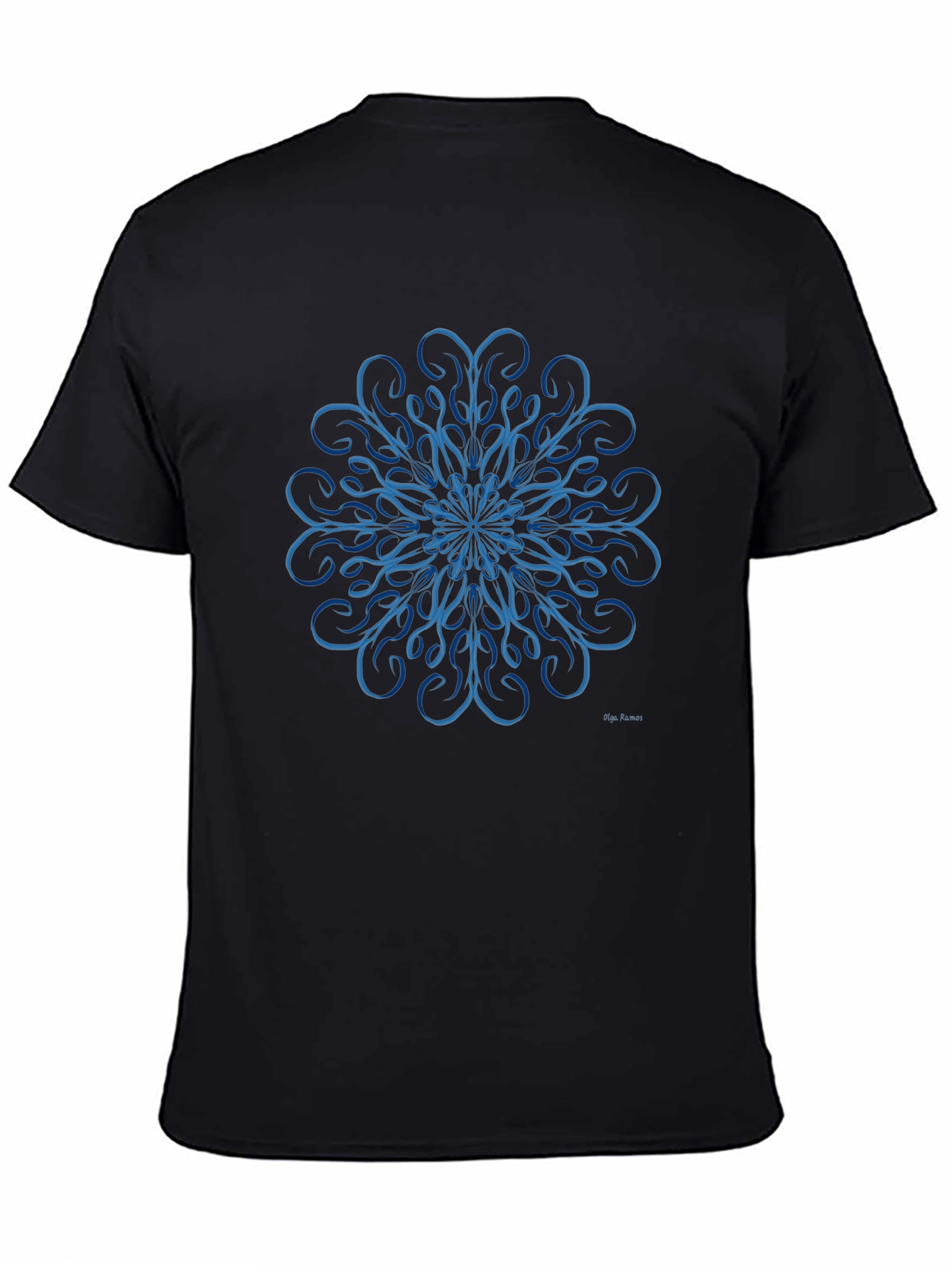 Blue Swirl Mandala Design Black T-Shirt
