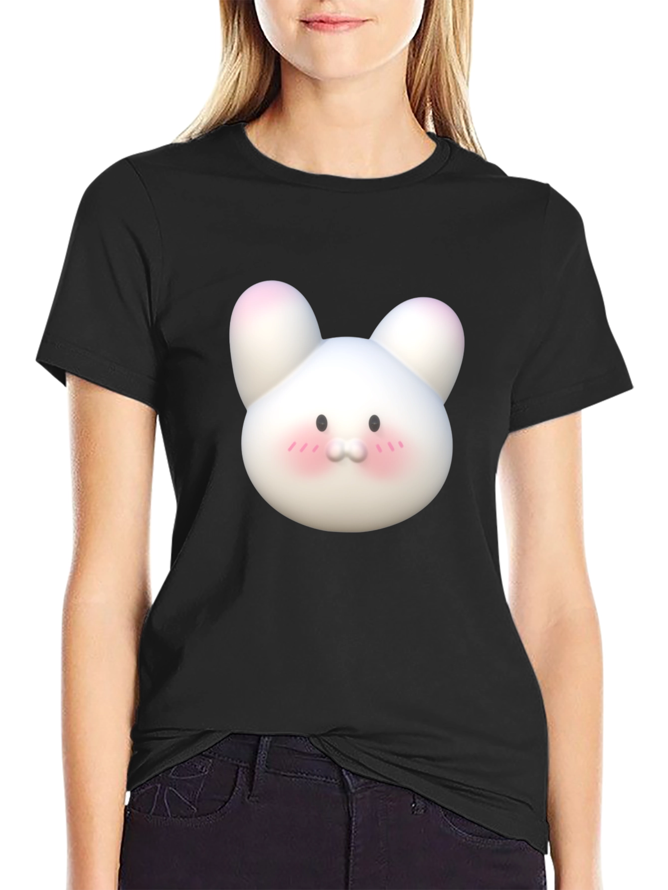 Cute Cartoon Bunny Black T-Shirt