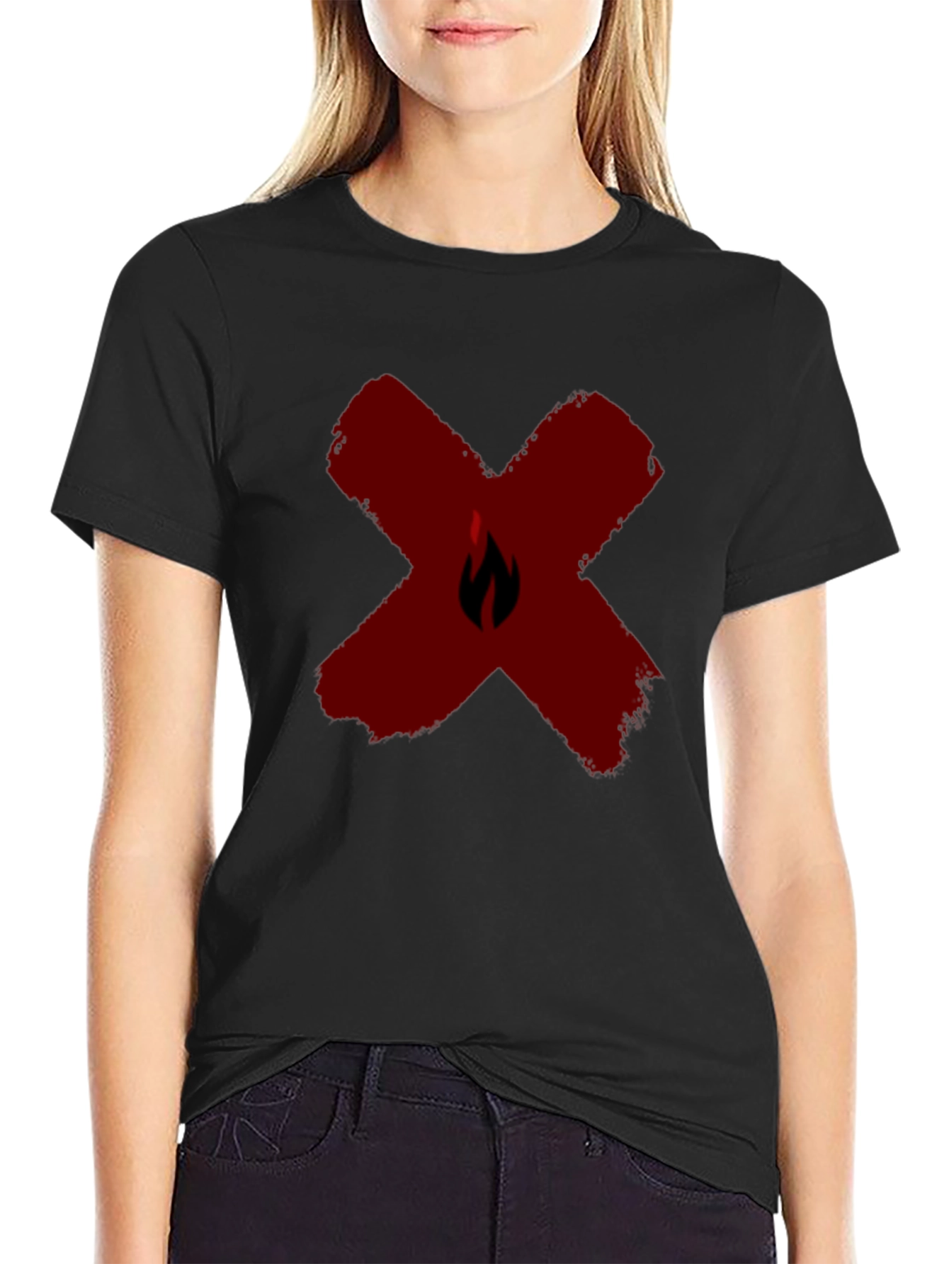 Red X Flame Graphic Black T-Shirt