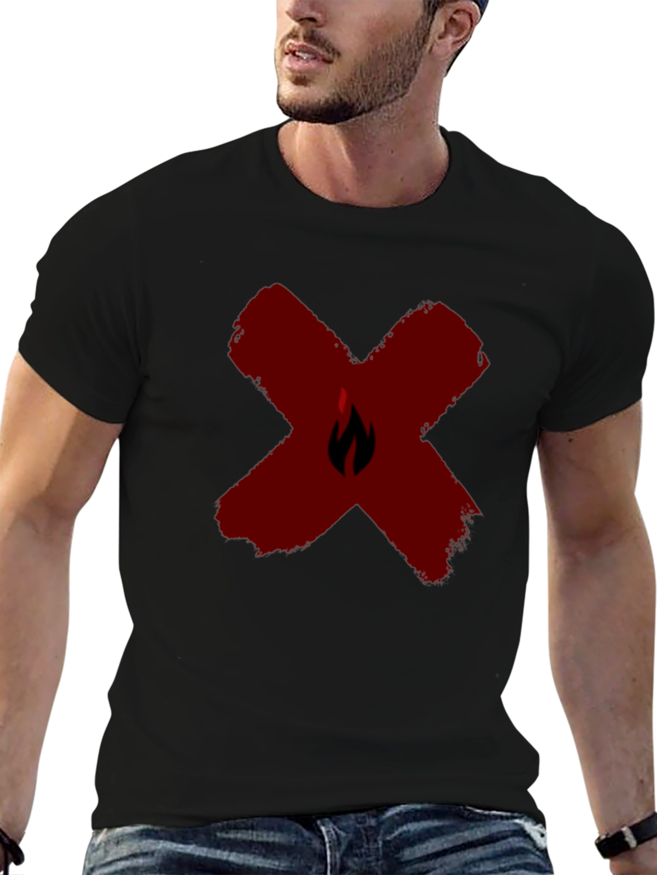 Red X Flame Graphic Black T-Shirt