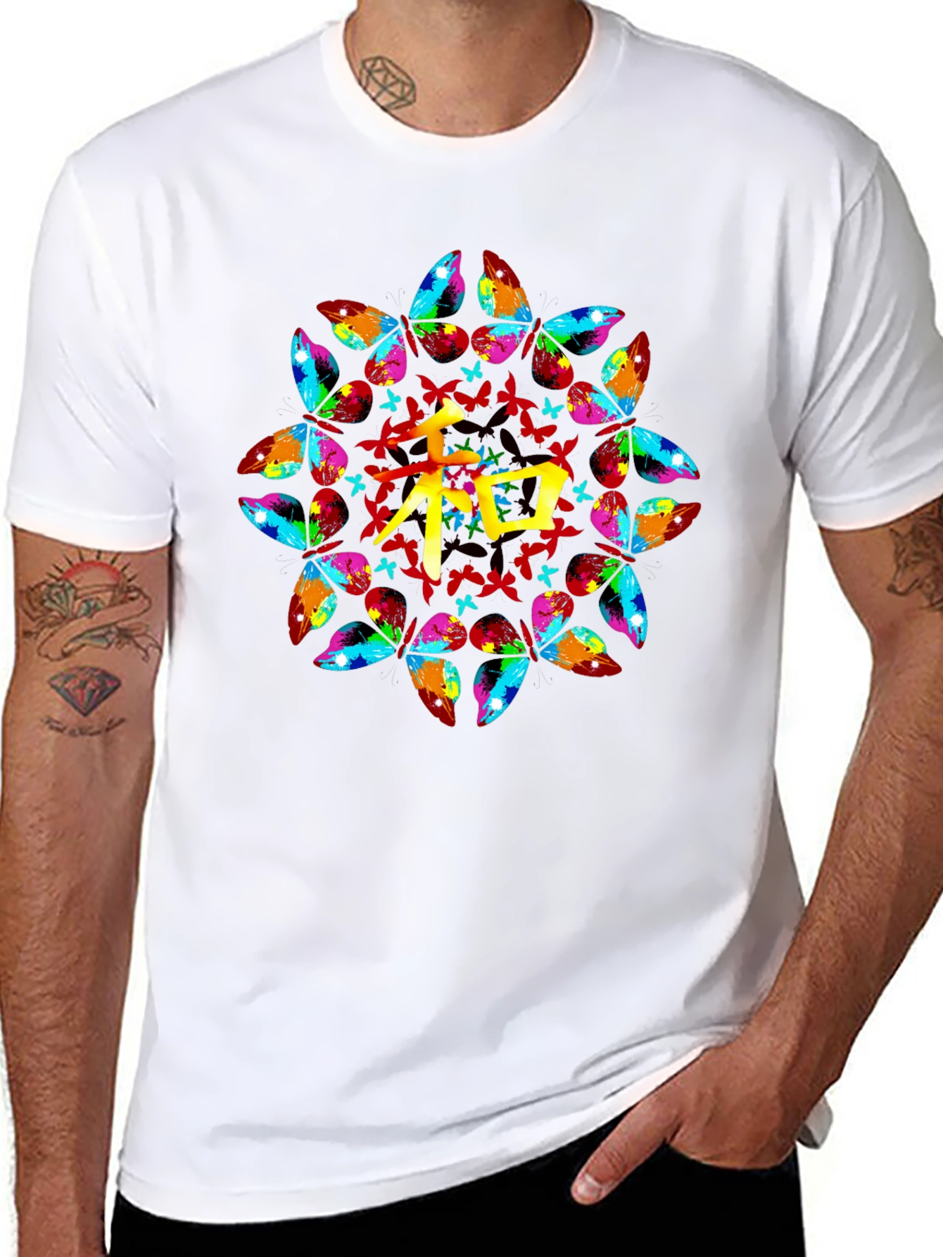 Butterfly Mandala Kanji Graphic Black T-Shirt