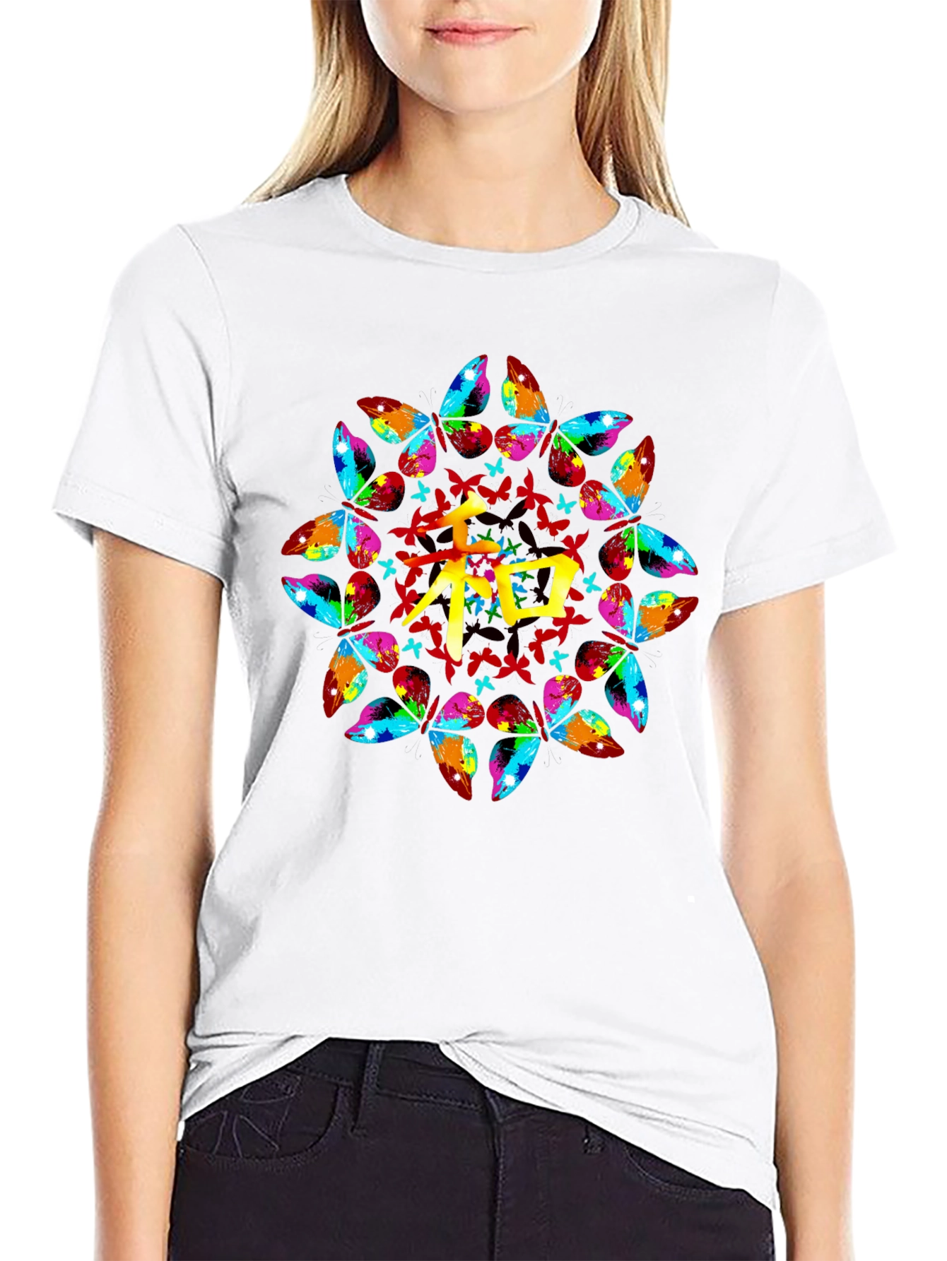 Butterfly Mandala Kanji Graphic Black T-Shirt