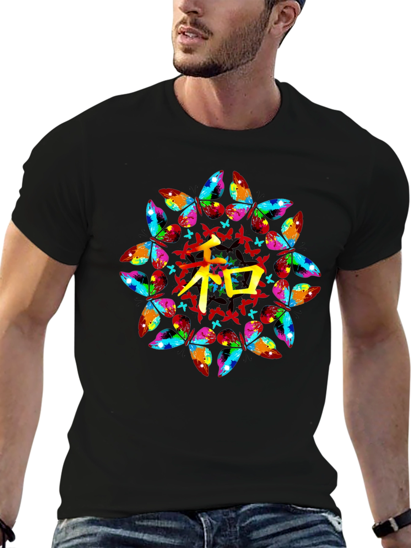 Butterfly Mandala Kanji Graphic Black T-Shirt
