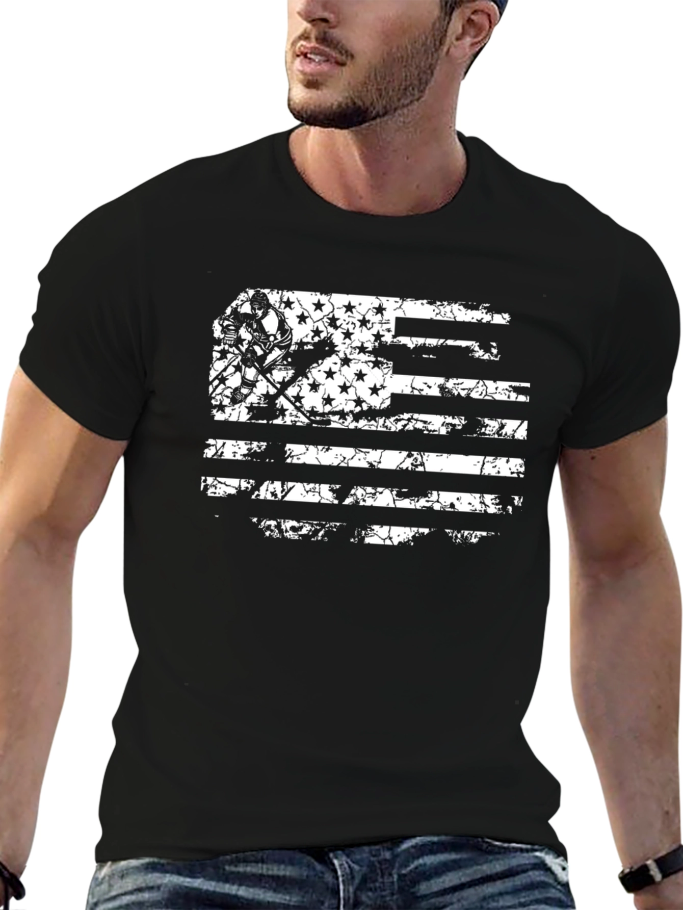 Distressed Hockey Flag Graphic Tee - Black