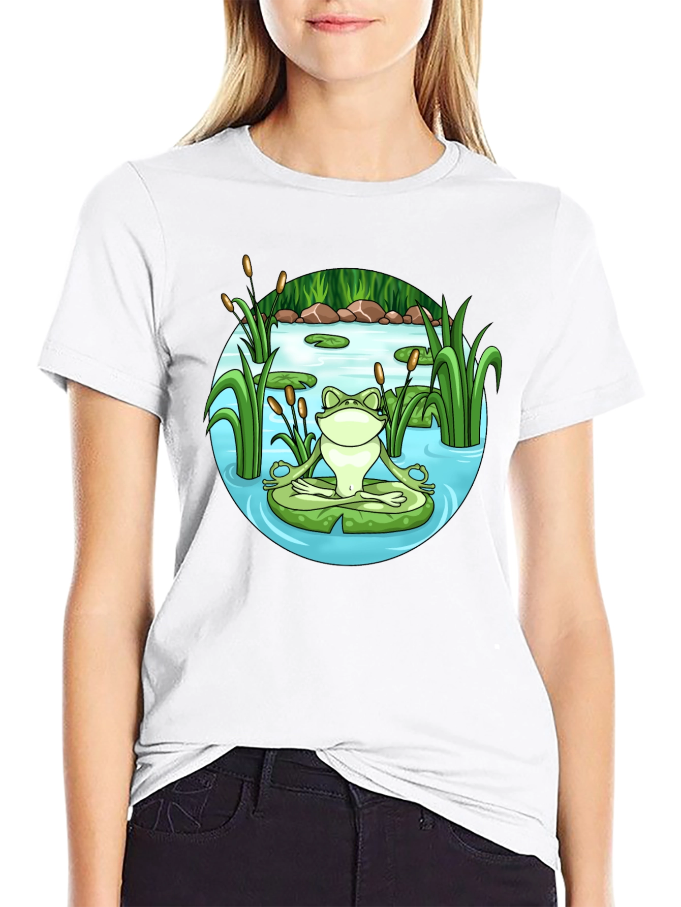 Zen Frog Meditation T-Shirt - Peaceful Pond Design