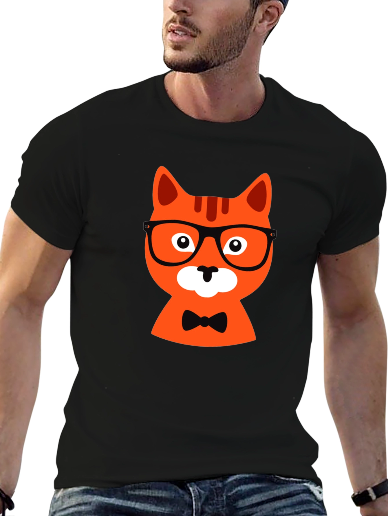 Black T-Shirt with Hipster Cat Graphic