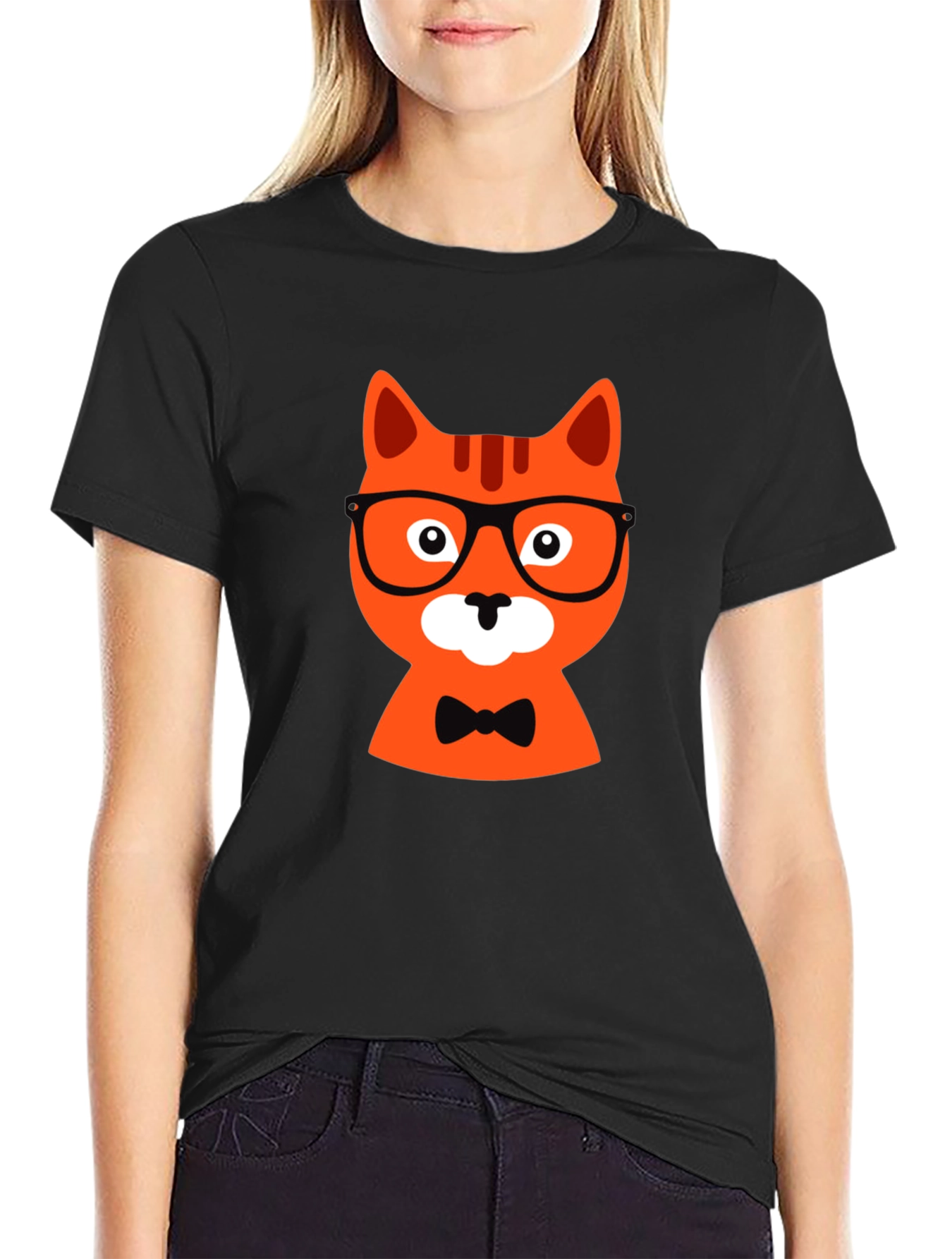 Black T-Shirt with Hipster Cat Graphic