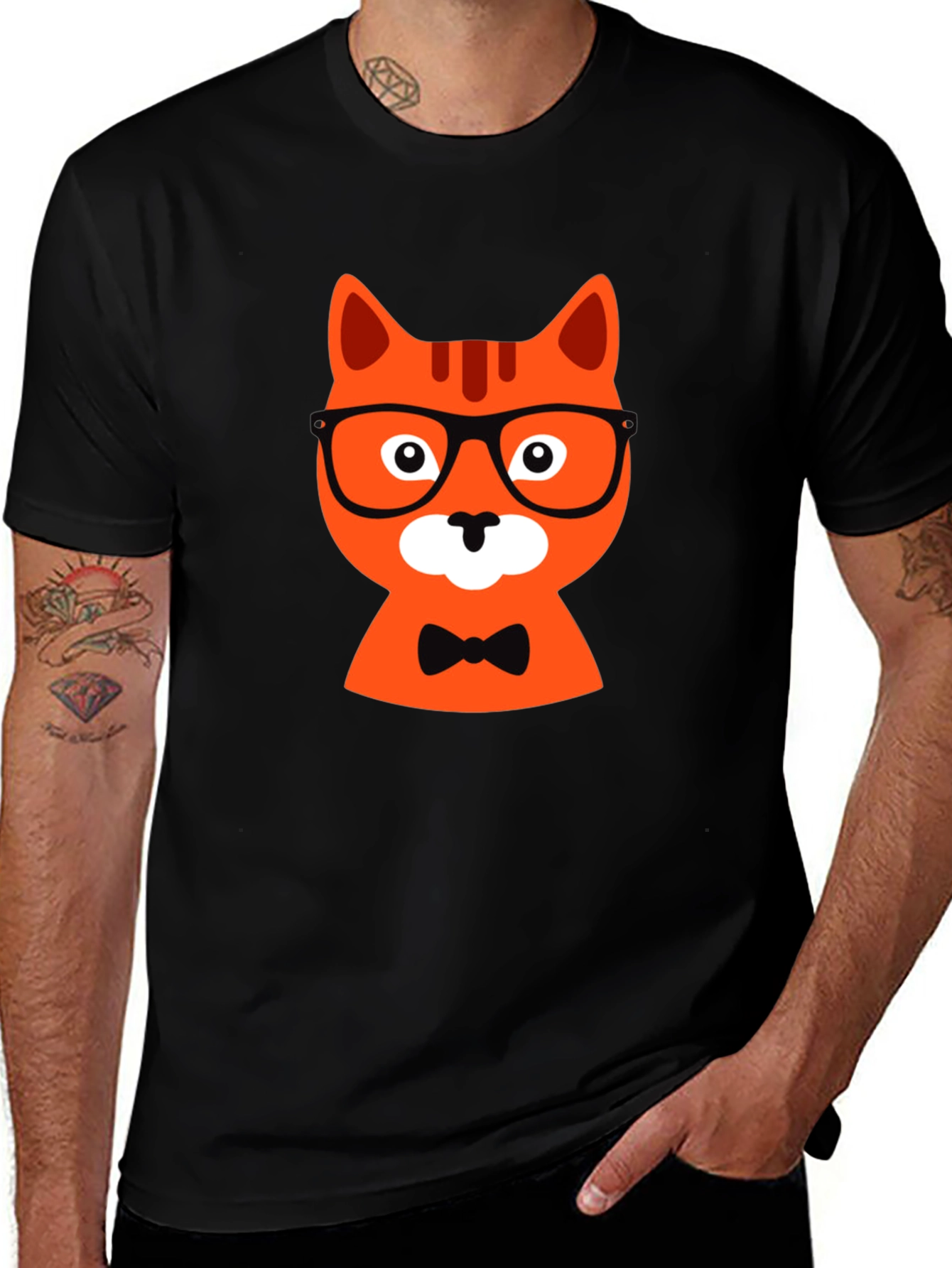 Black T-Shirt with Hipster Cat Graphic