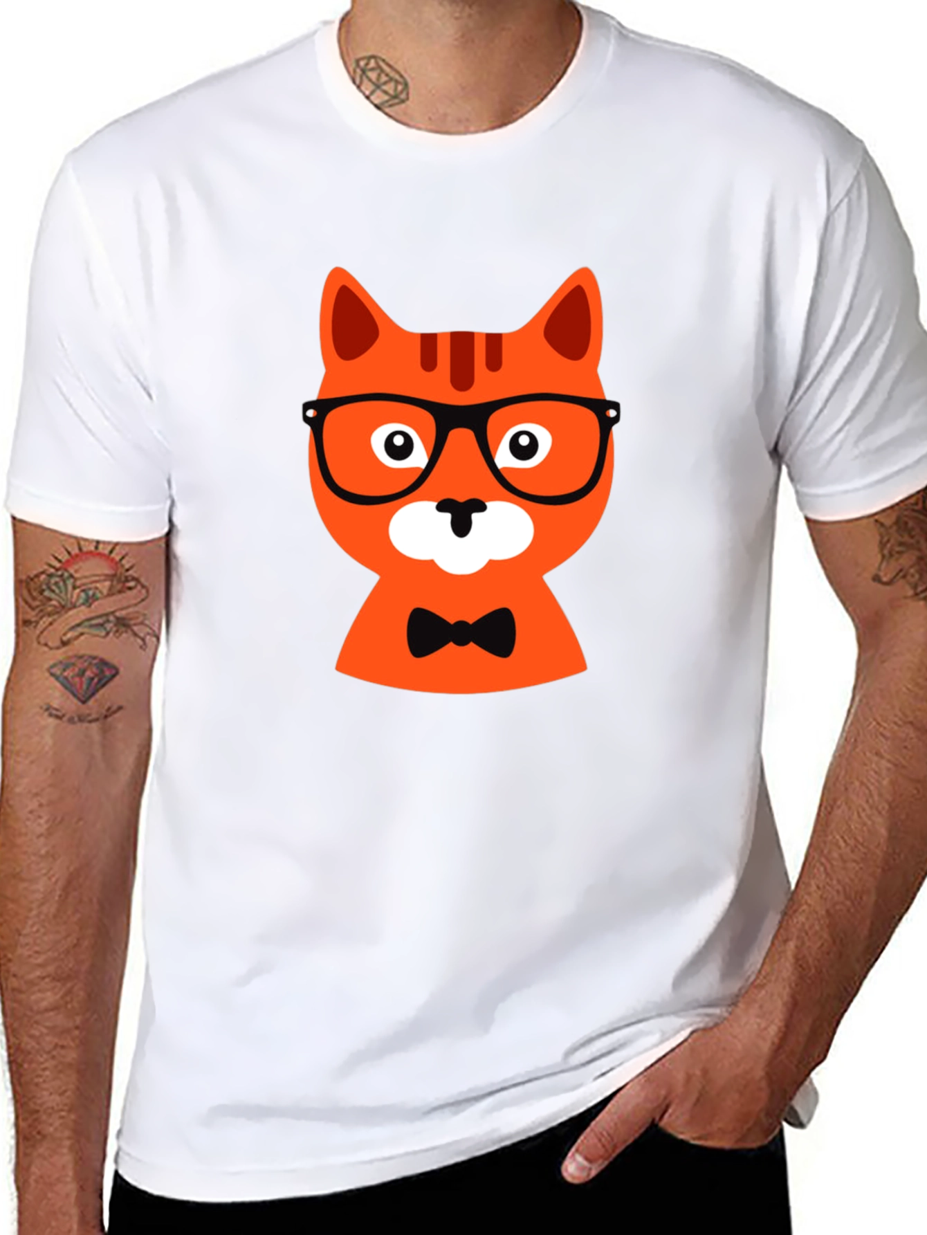 Black T-Shirt with Hipster Cat Graphic