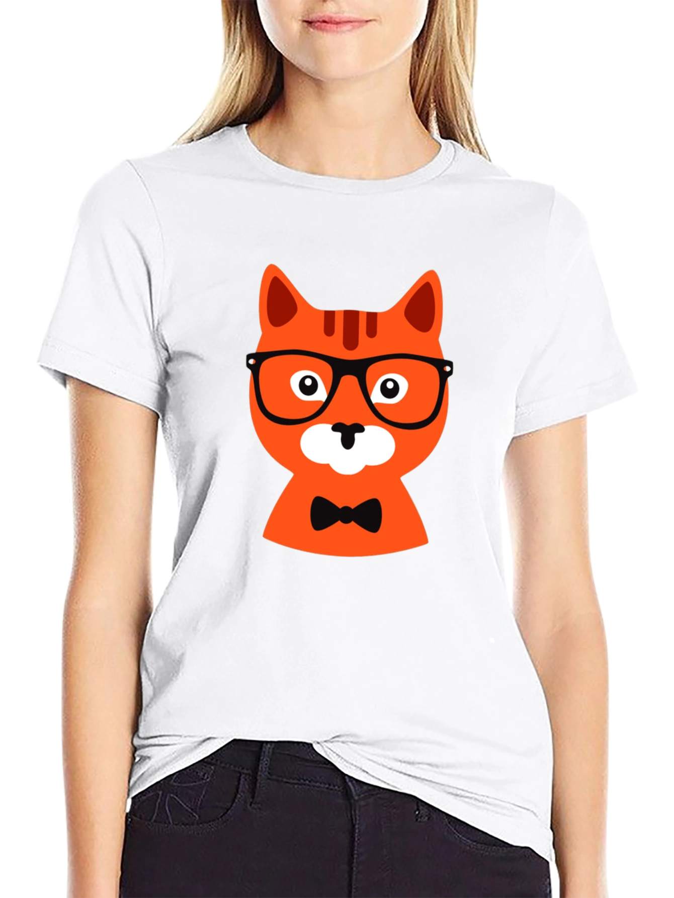 Black T-Shirt with Hipster Cat Graphic