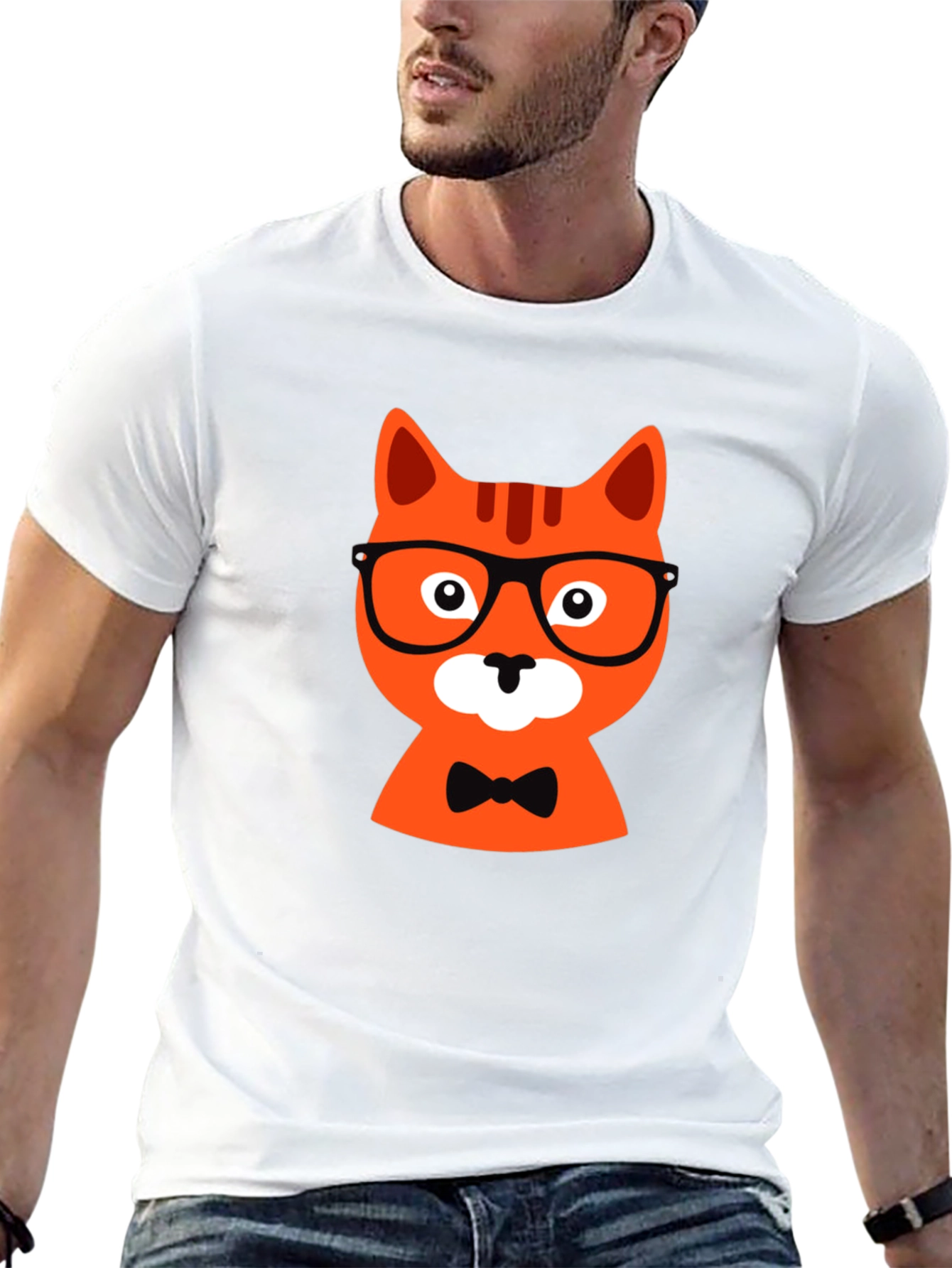 Black T-Shirt with Hipster Cat Graphic
