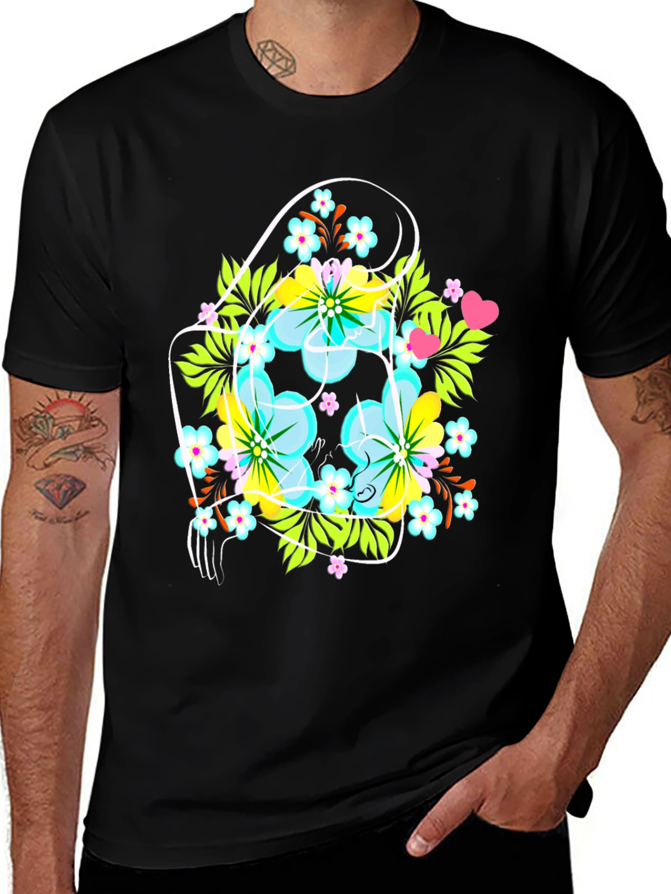 Floral Graphic Tee: Mens Black Crew Neck T-Shirt