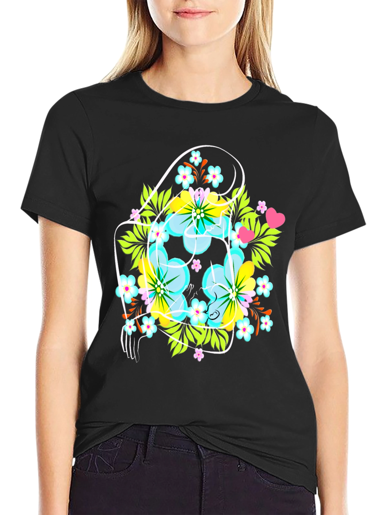 Floral Graphic Tee: Mens Black Crew Neck T-Shirt