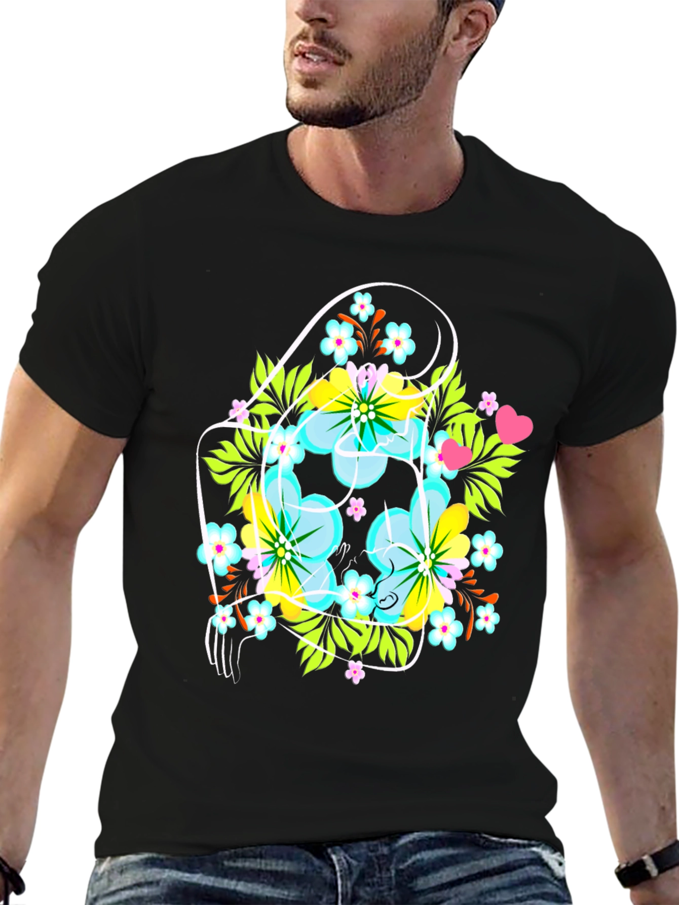Floral Graphic Tee: Mens Black Crew Neck T-Shirt