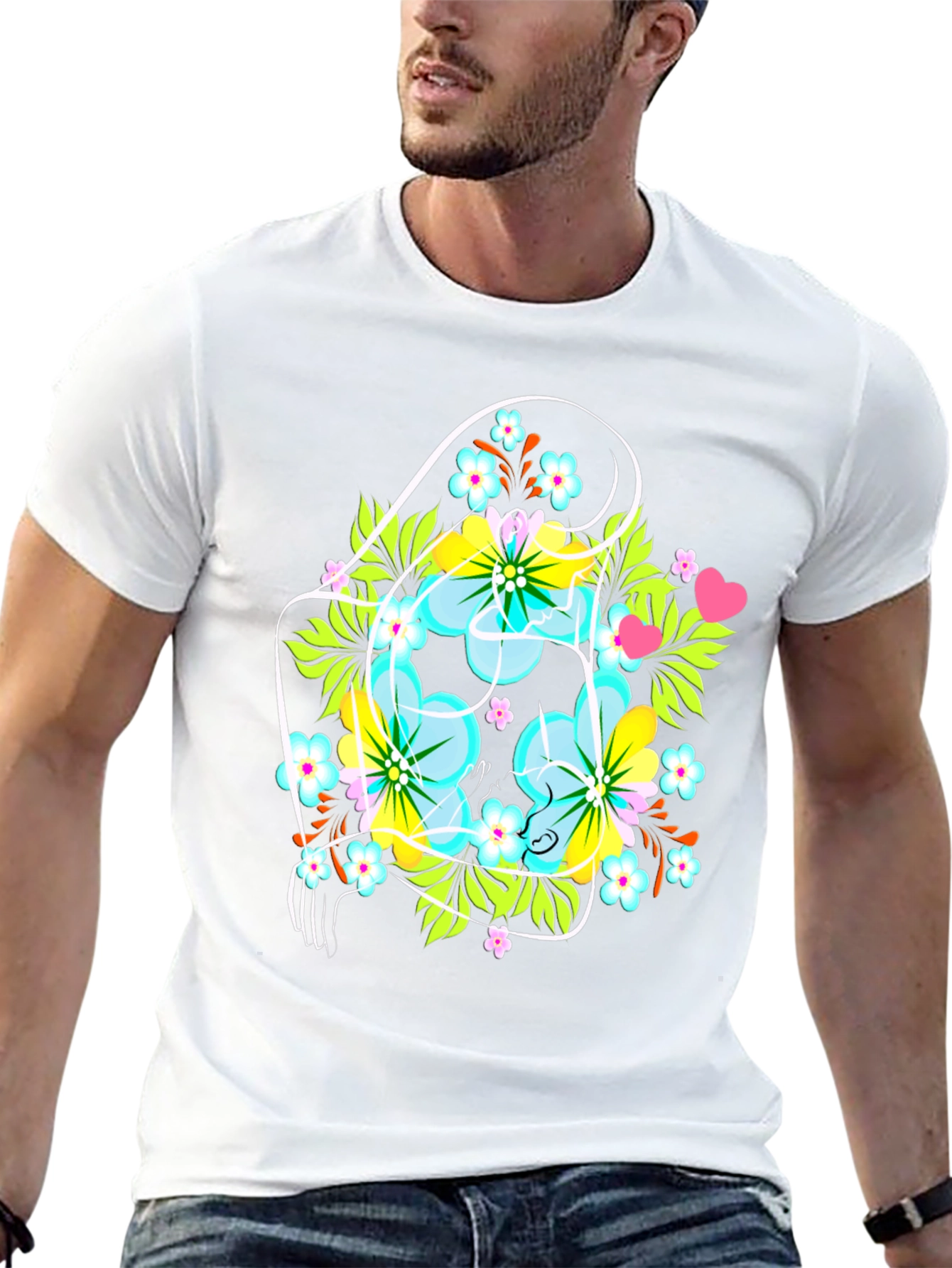 Floral Graphic Tee: Mens Black Crew Neck T-Shirt