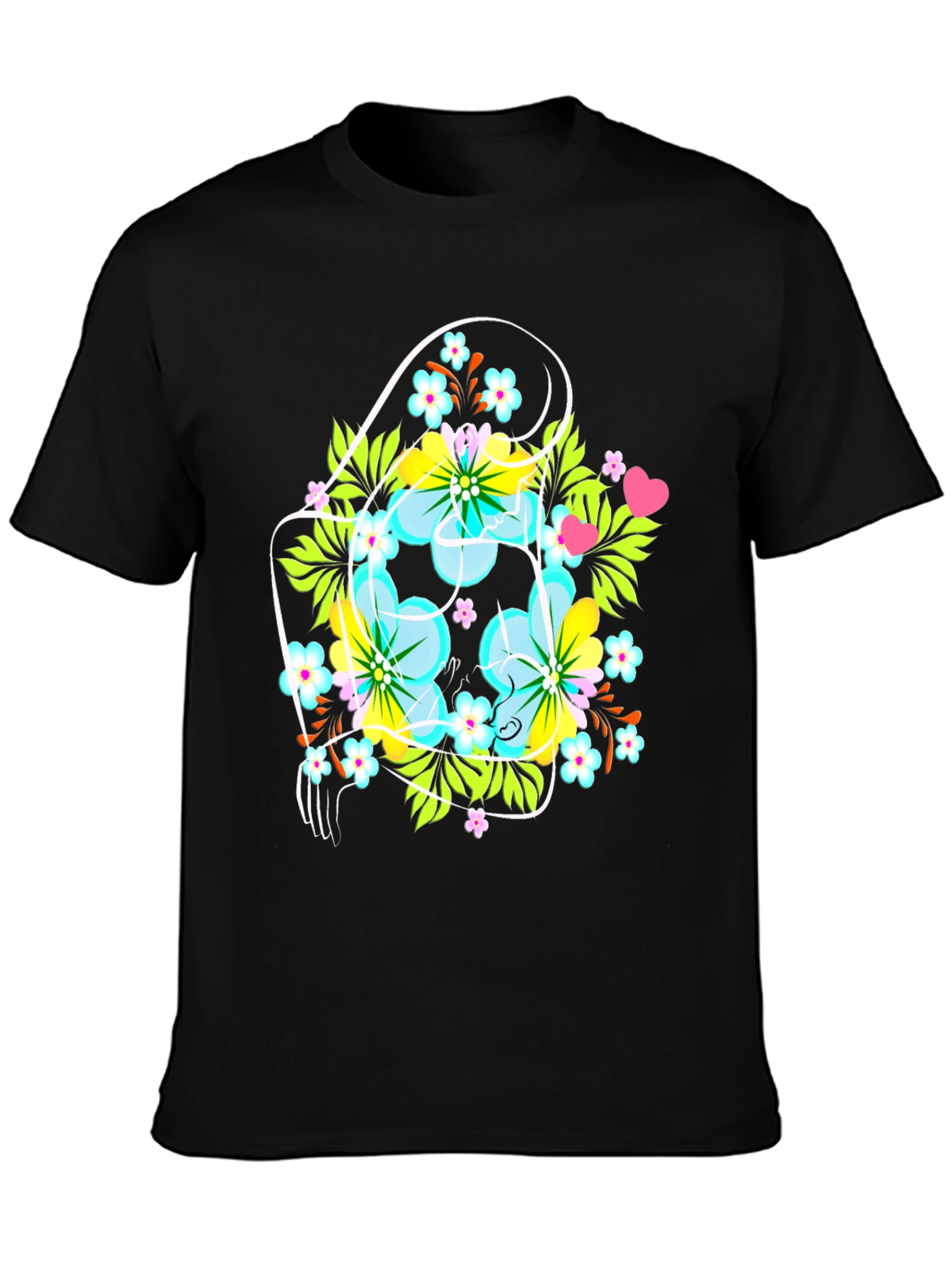 Floral Graphic Tee: Mens Black Crew Neck T-Shirt
