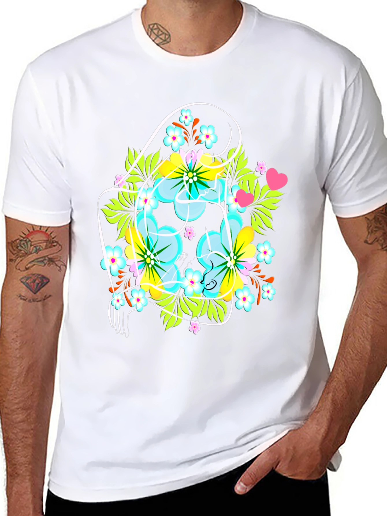 Floral Graphic Tee: Mens Black Crew Neck T-Shirt
