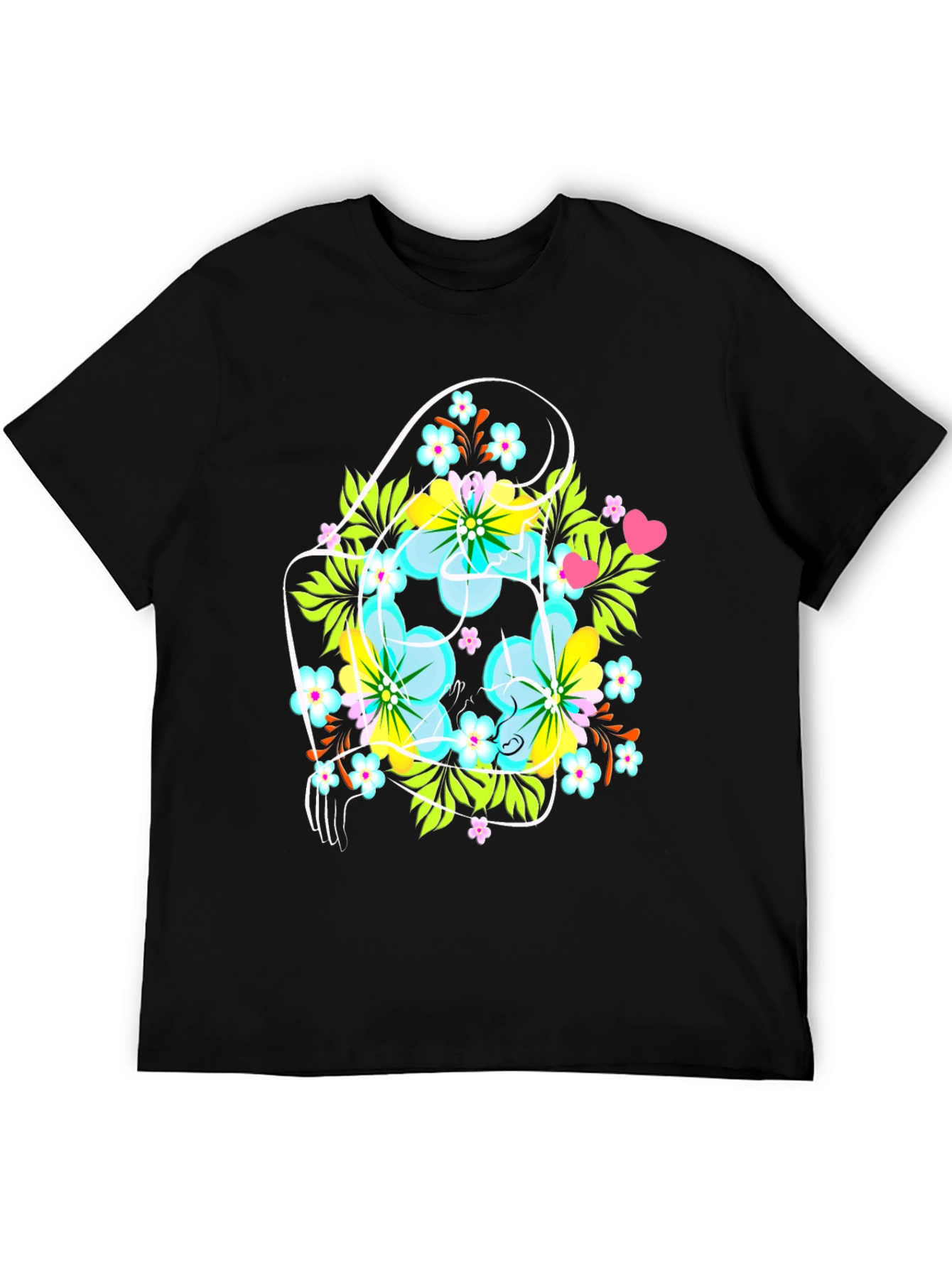 Floral Graphic Tee: Mens Black Crew Neck T-Shirt