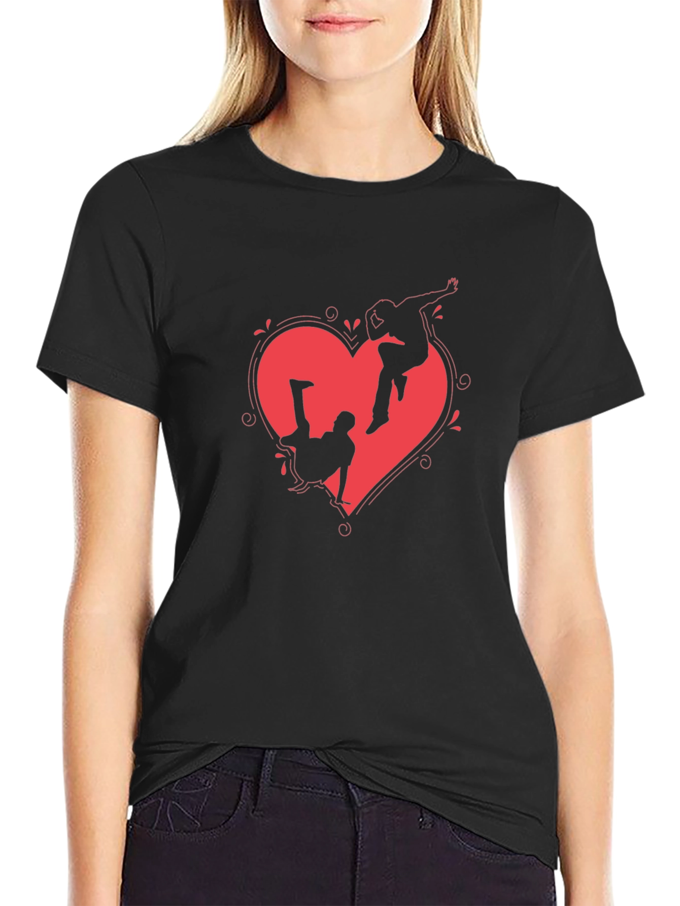 Heart Breakdance Graphic Tee - Black Crewneck T-Shirt