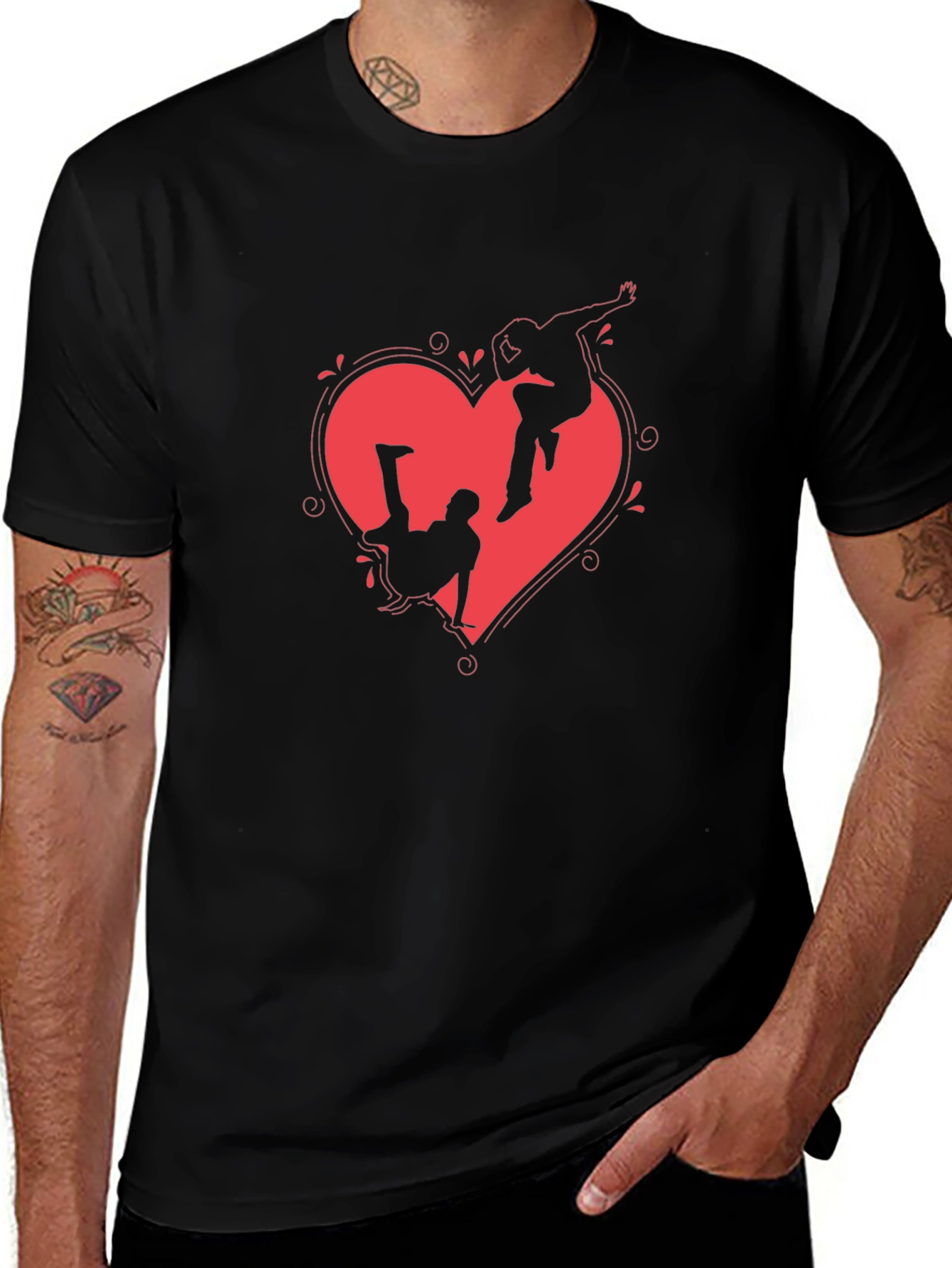 Heart Breakdance Graphic Tee - Black Crewneck T-Shirt