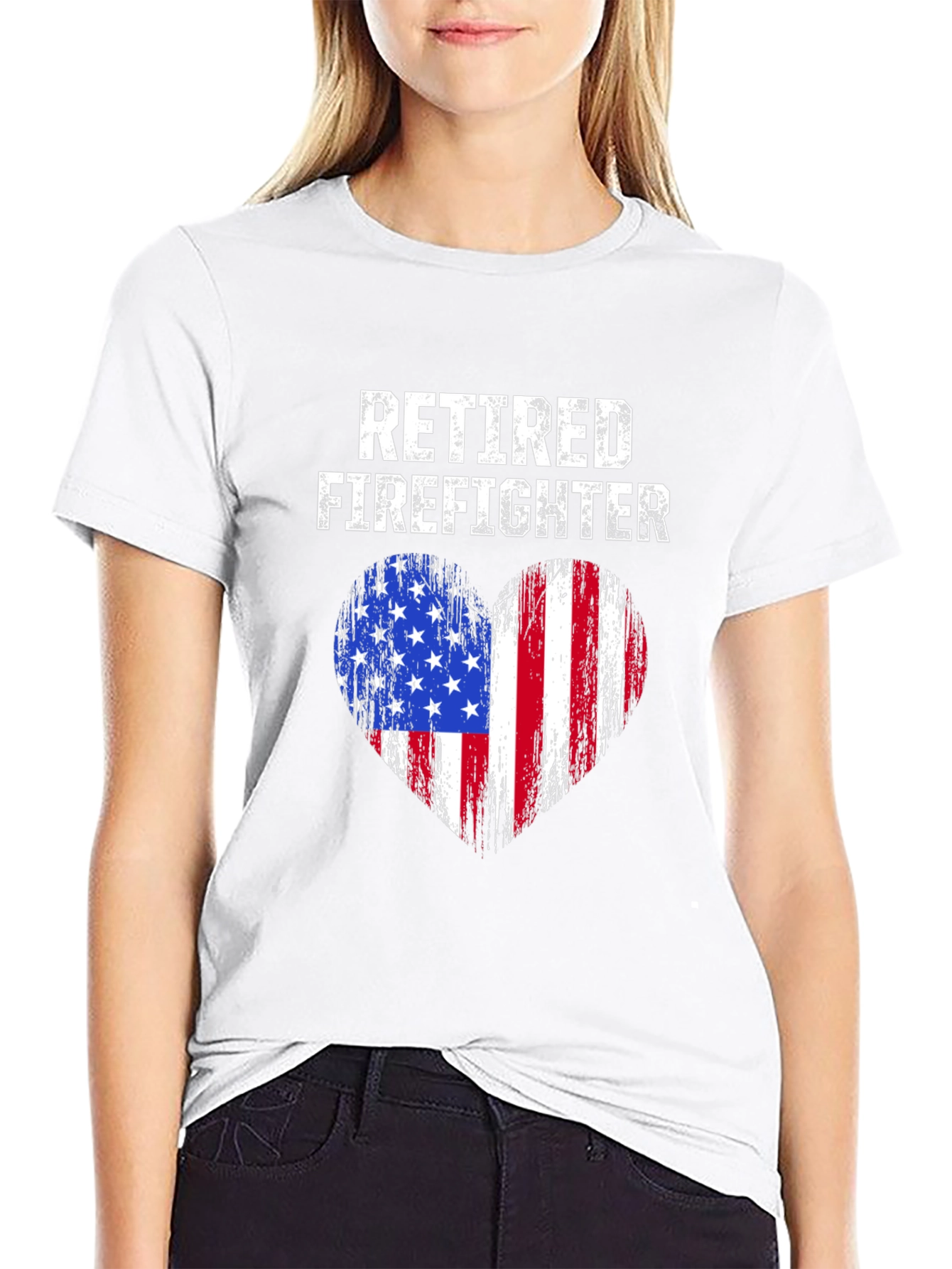 Retired Firefighter American Flag Heart T-Shirt