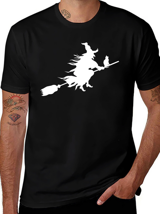 Witch Cat Broom T-Shirt Halloween Tee