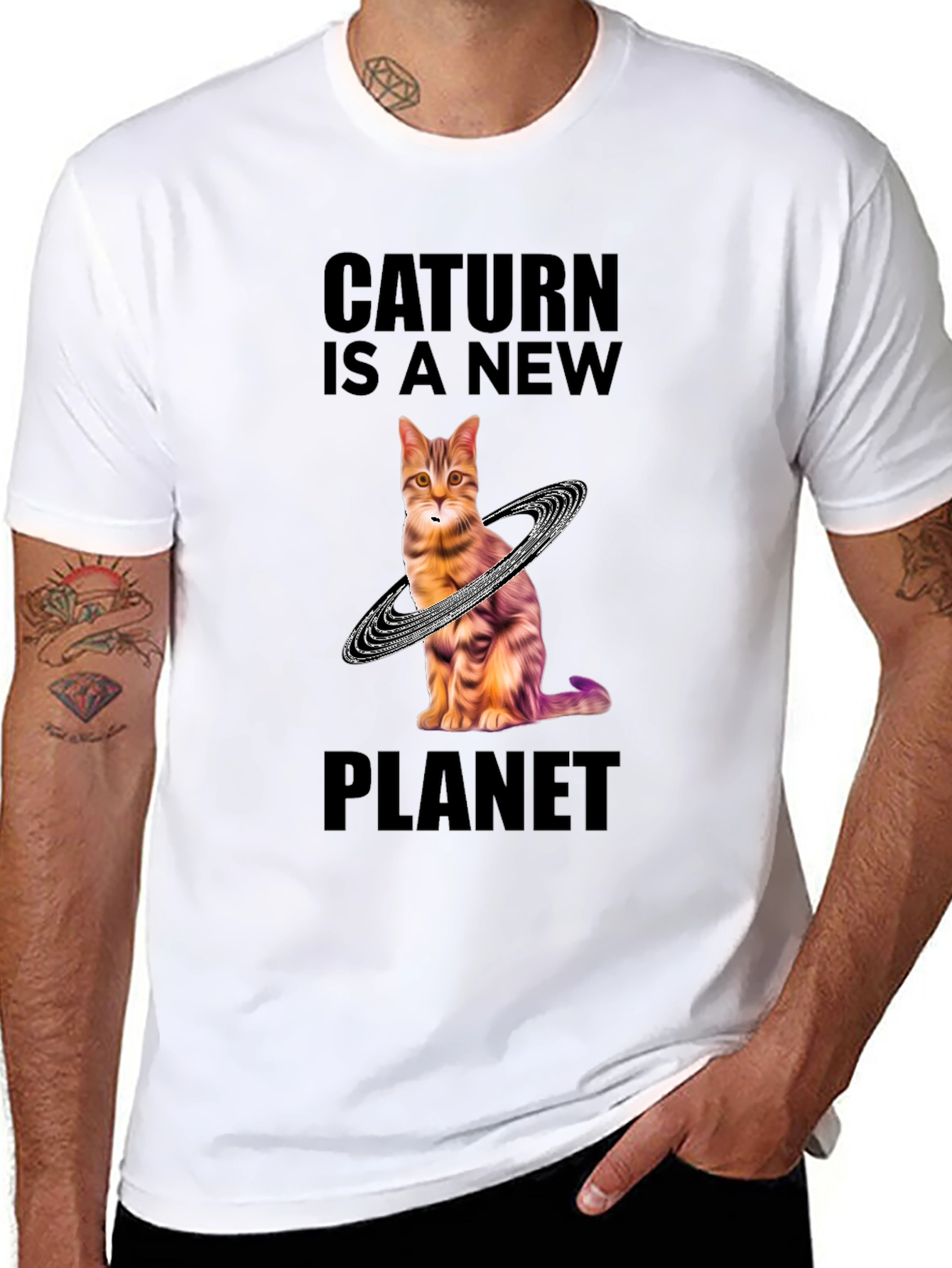 Caturn Planet T-Shirt - Unique Galaxy Cat Design