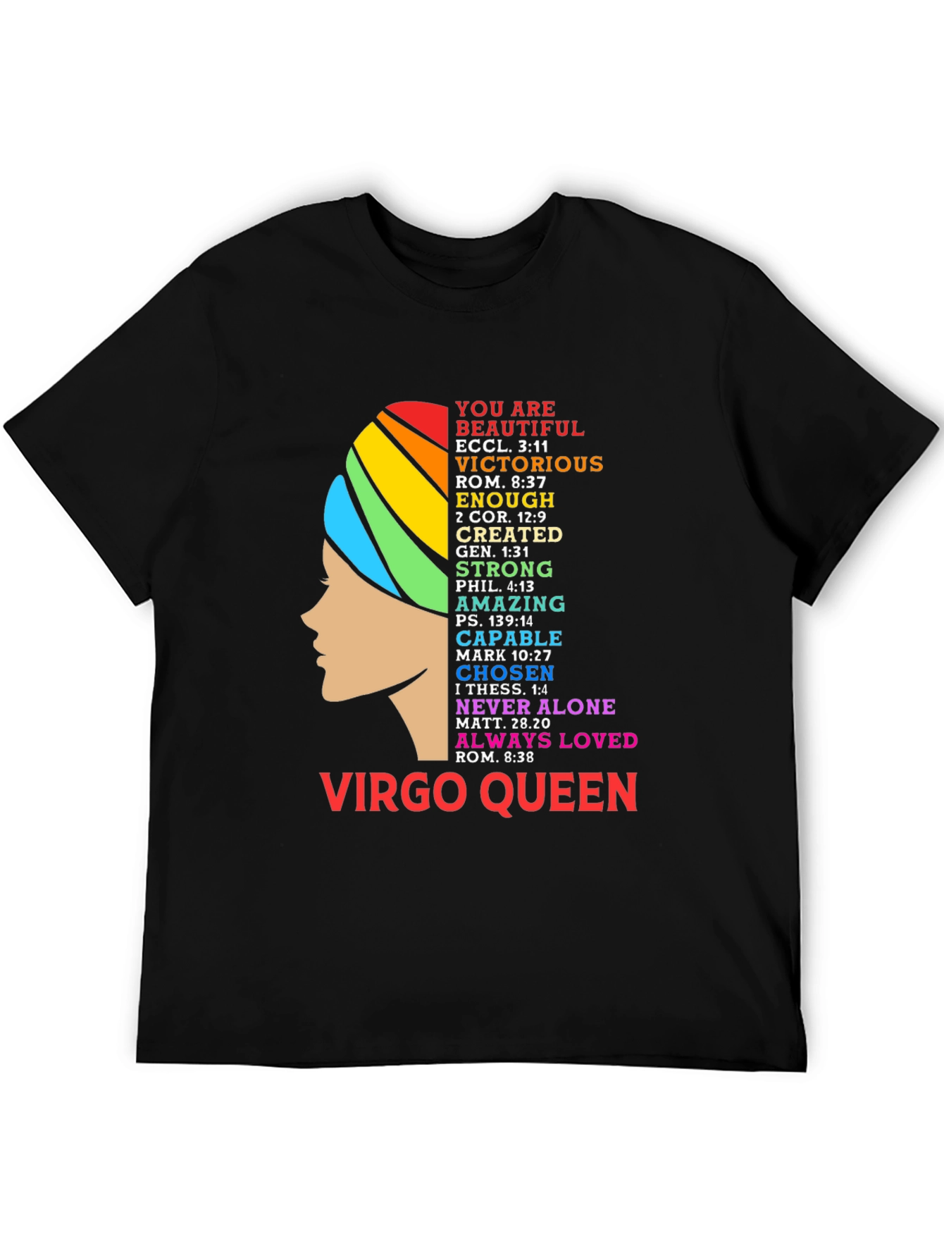 Virgo Queen Black T-Shirt with Rainbow Design