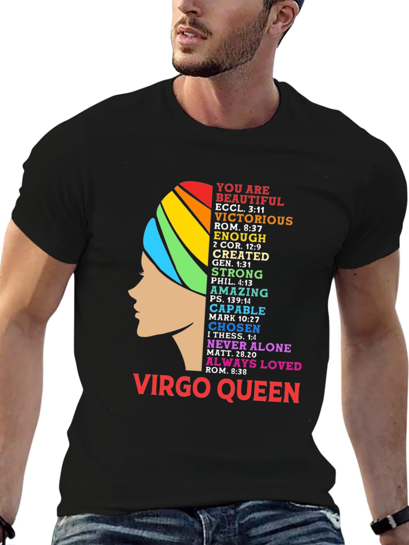 Virgo Queen Black T-Shirt with Rainbow Design