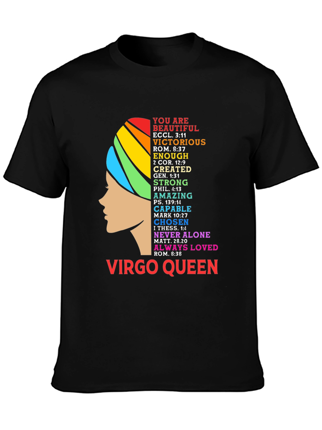 Virgo Queen Black T-Shirt with Rainbow Design