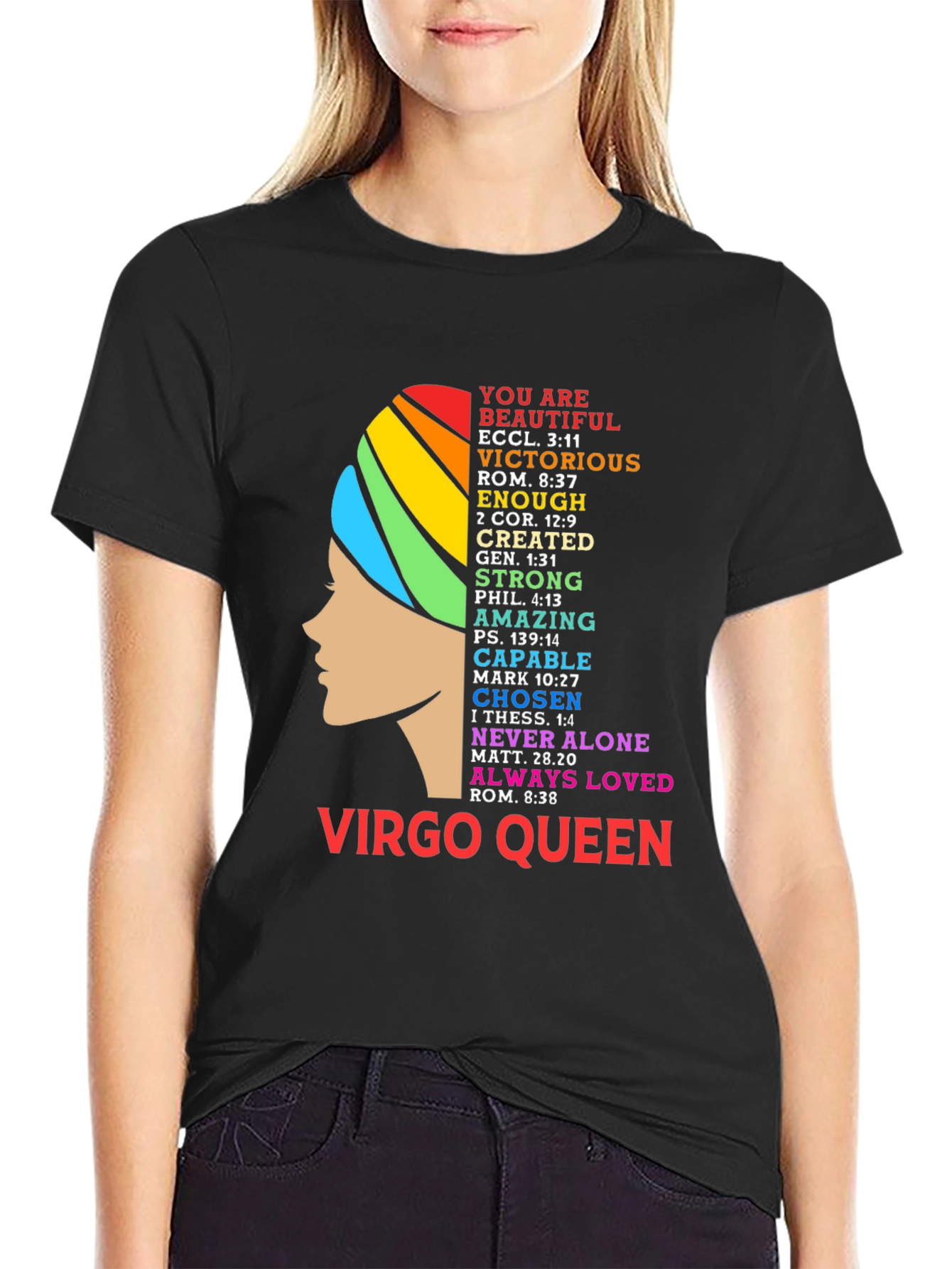 Virgo Queen Black T-Shirt with Rainbow Design
