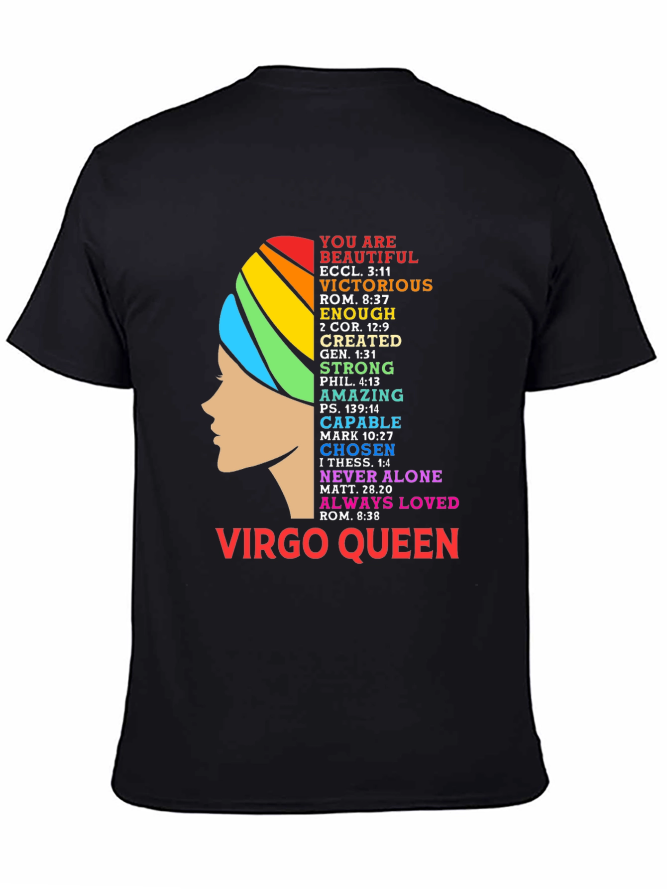 Virgo Queen Black T-Shirt with Rainbow Design