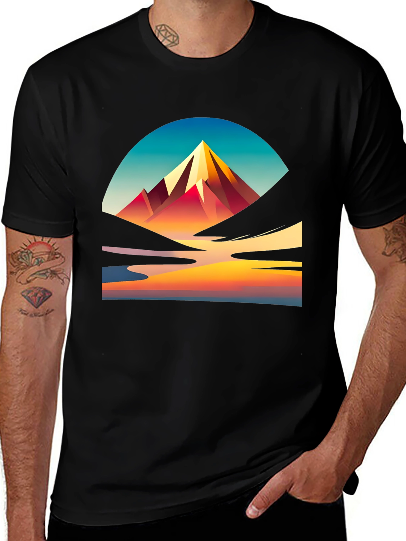 Mountain Sunset Graphic Tee - Stylish Black T-Shirt